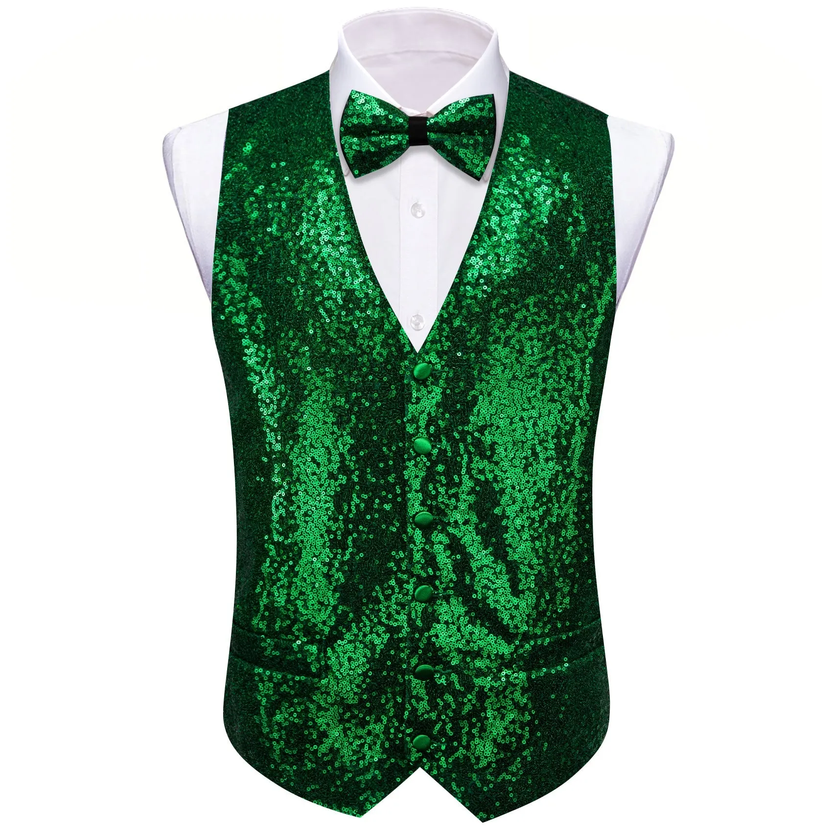 Green Sequins Silk Men's Vest Hanky Cufflinks Bow Tie Set