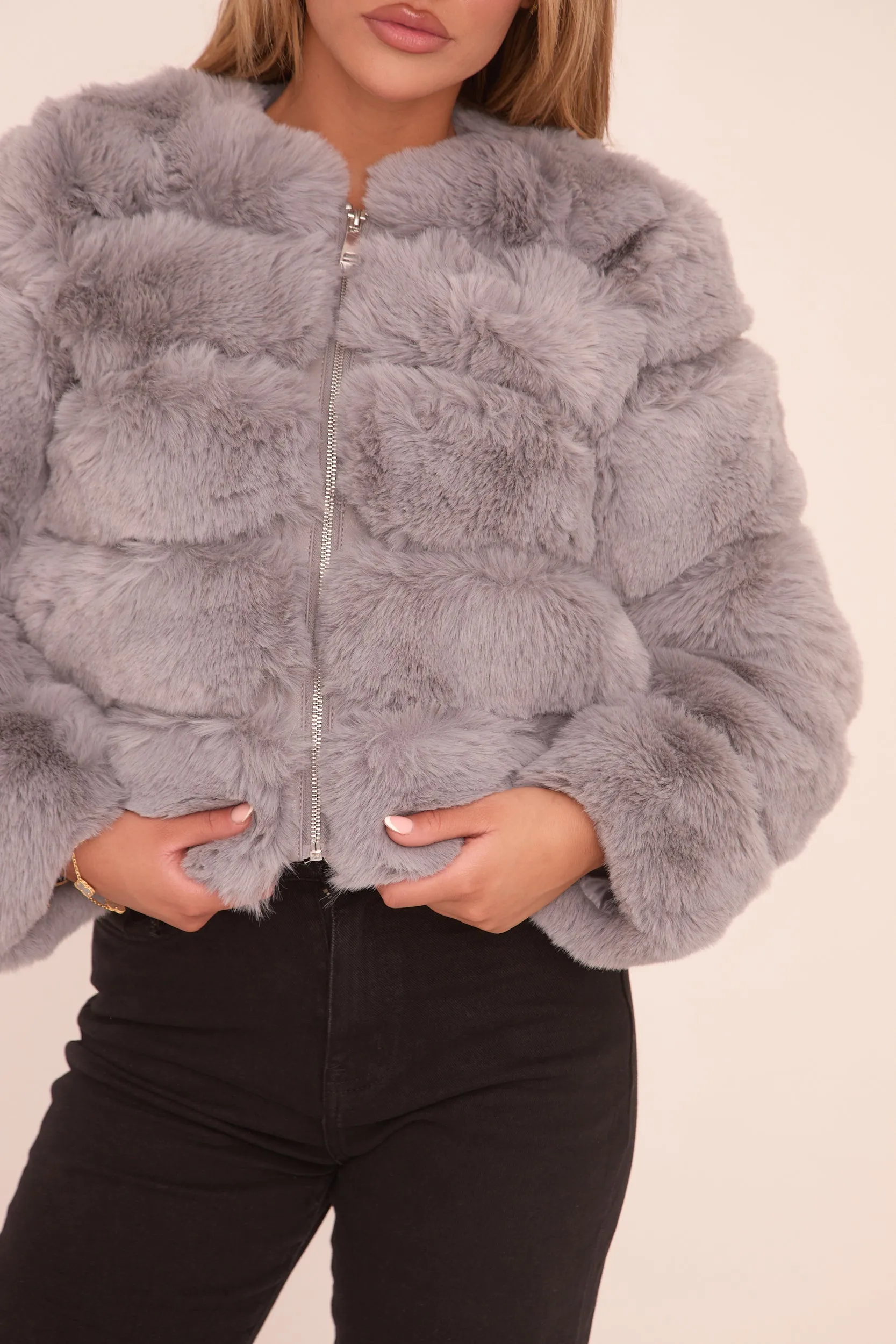 Grey Faux Fur Cropped Coat - Heaven