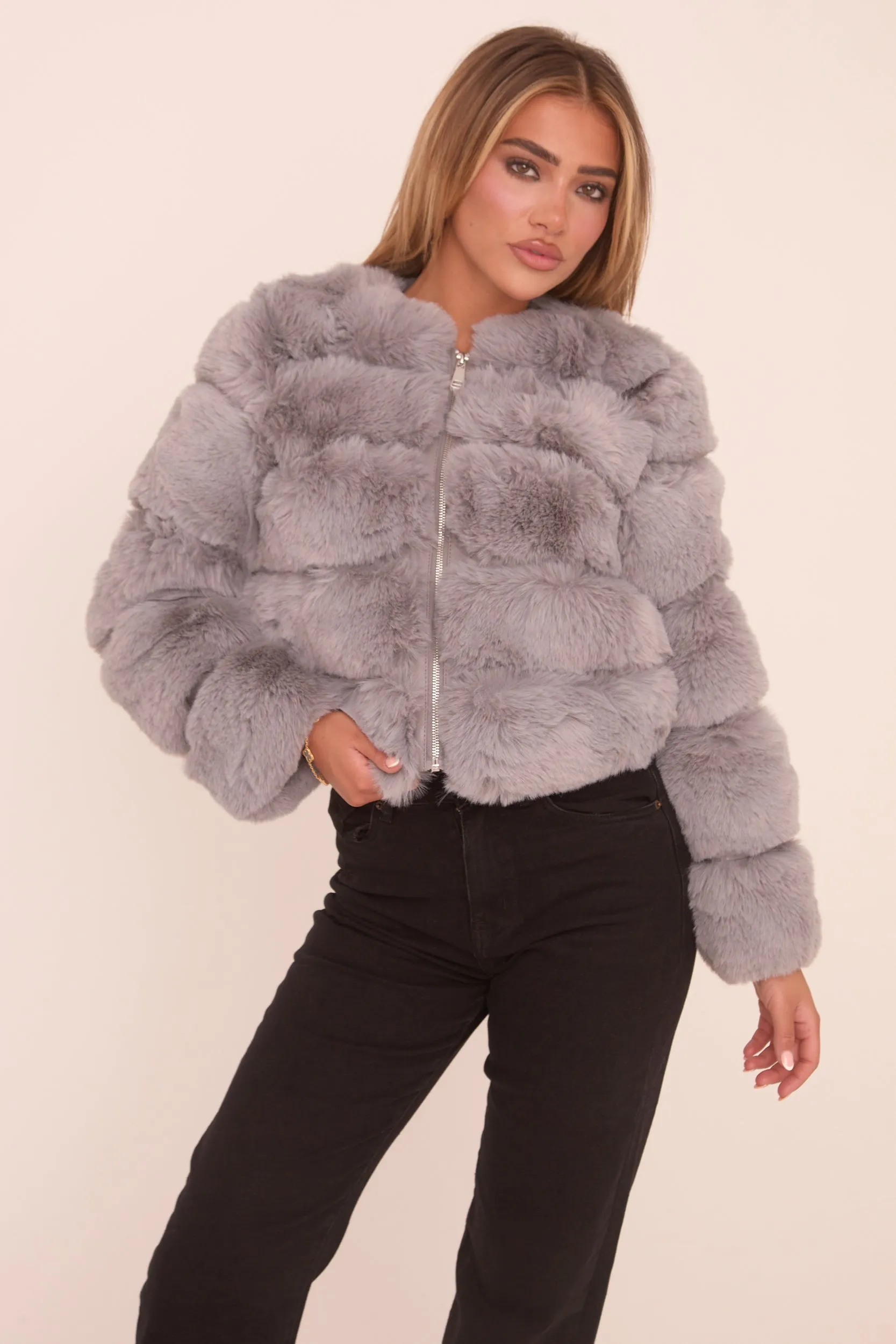 Grey Faux Fur Cropped Coat - Heaven