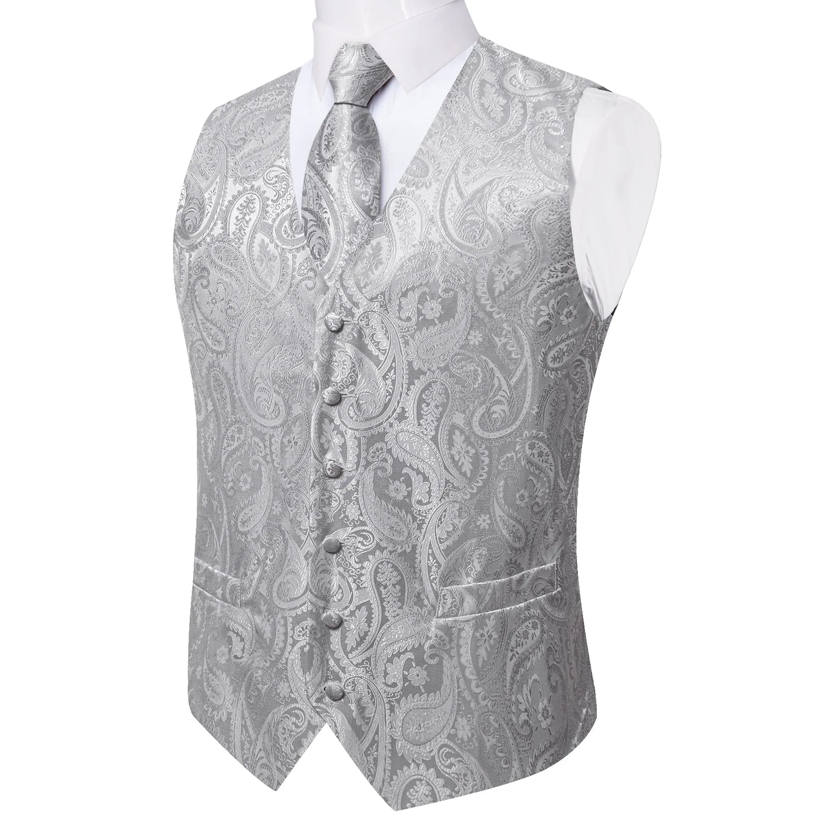 Grey Paisley Silk Men's Vest Hanky Cufflinks Tie Set