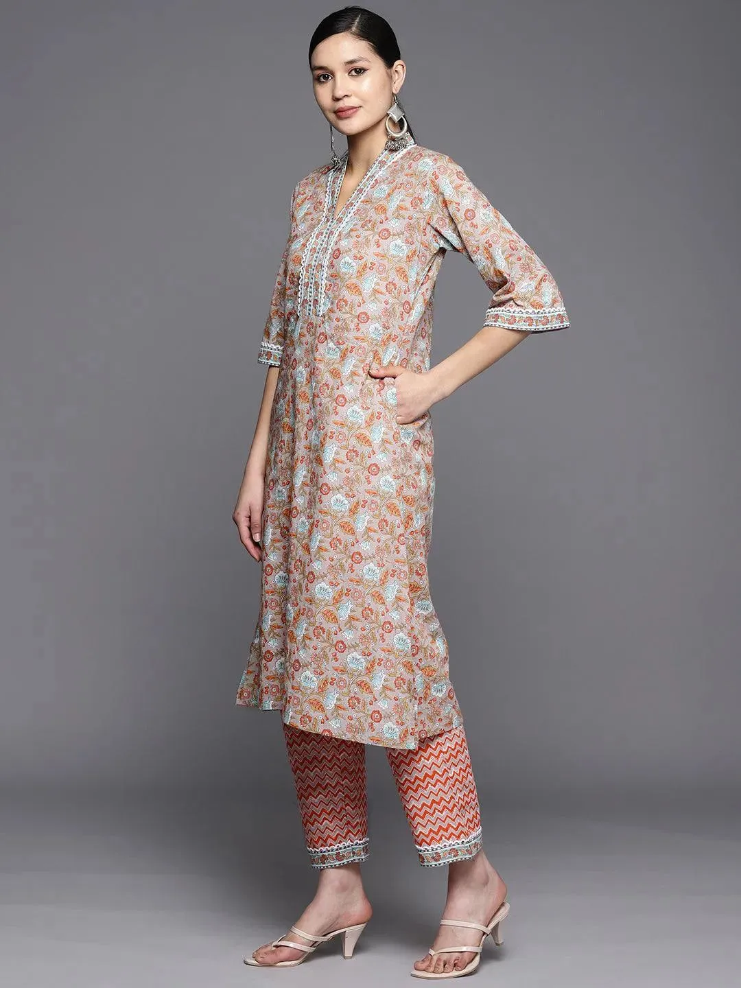 Grey Printed Cotton A-Line Kurta With Trousers & Dupatta