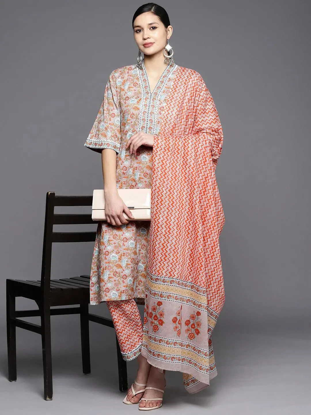 Grey Printed Cotton A-Line Kurta With Trousers & Dupatta