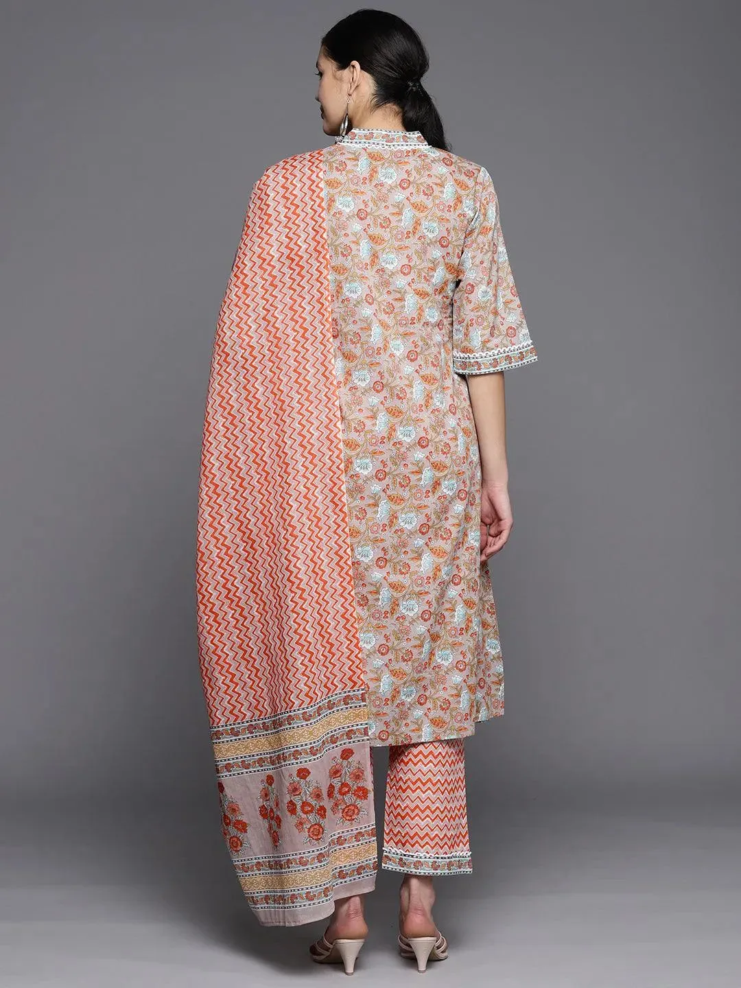 Grey Printed Cotton A-Line Kurta With Trousers & Dupatta