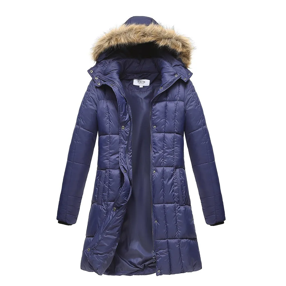 Haute Edition Women's Mid-Length Puffer Parka Coat with Faux Fur-lined Hood