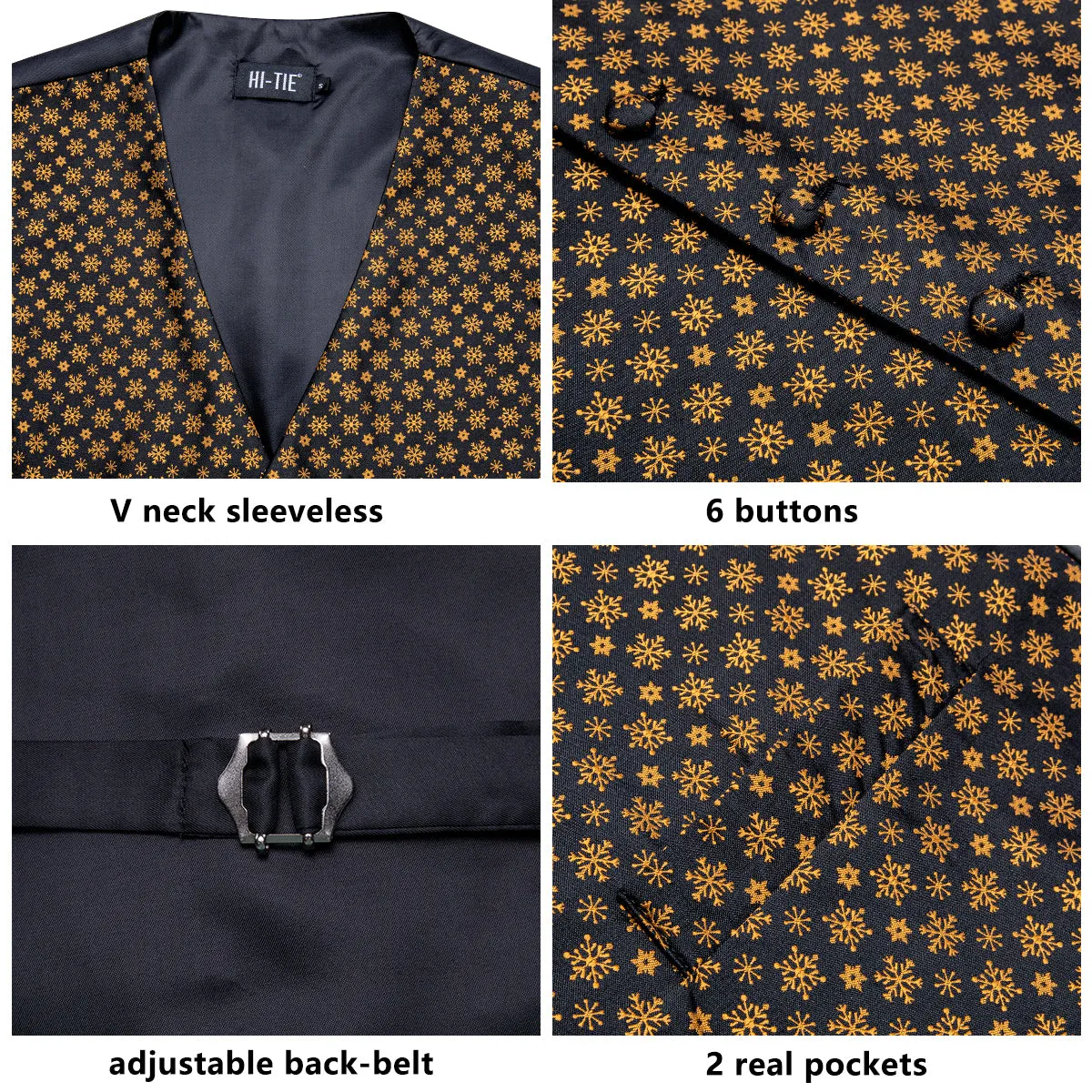 Hi-Tie Black Gold Christmas Snowflakes Vest Hanky Cufflinks Tie Set