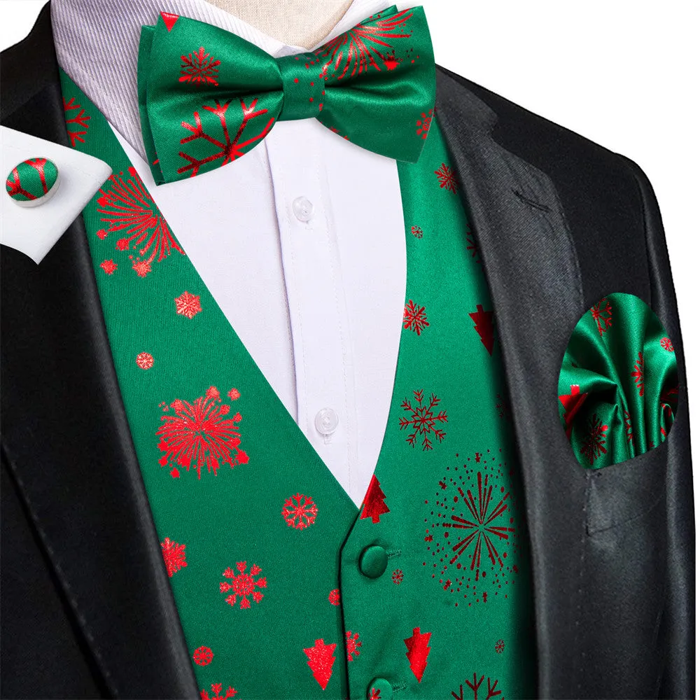 Hi-Tie Green Red Christmas Elements Vest Necktie Bowtie Set