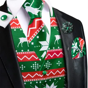 Hi-Tie Mens Waistcoat Green Red Christmas Elements Vest Necktie Set