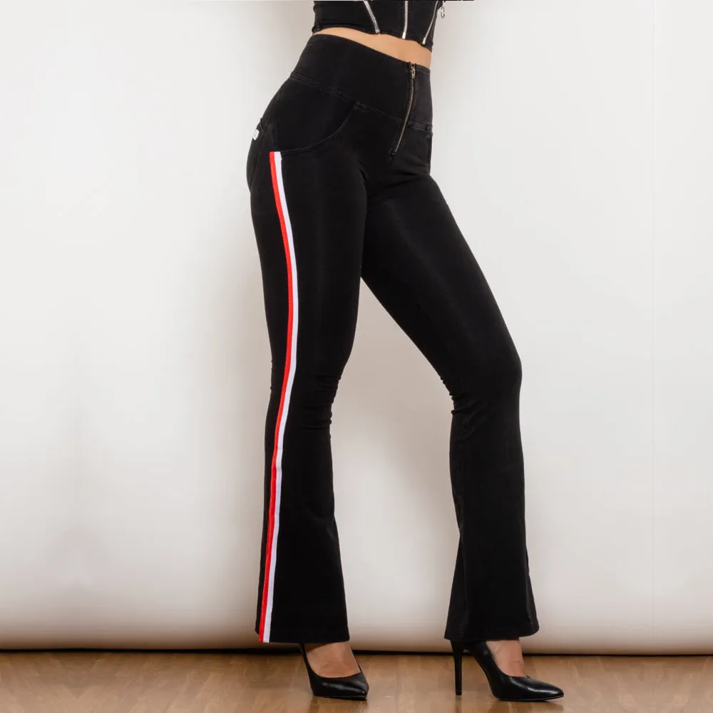 High Waist Dark Thread Black Flare Jeans with Stripe