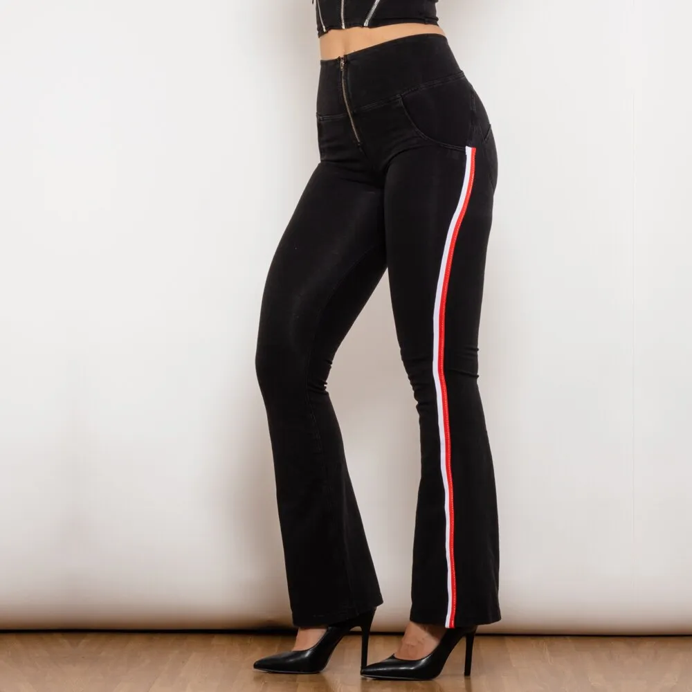 High Waist Dark Thread Black Flare Jeans with Stripe