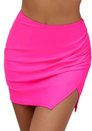 Hot Pink Women's High Waisted Swim Pants Ruched Side Split Beach Skort