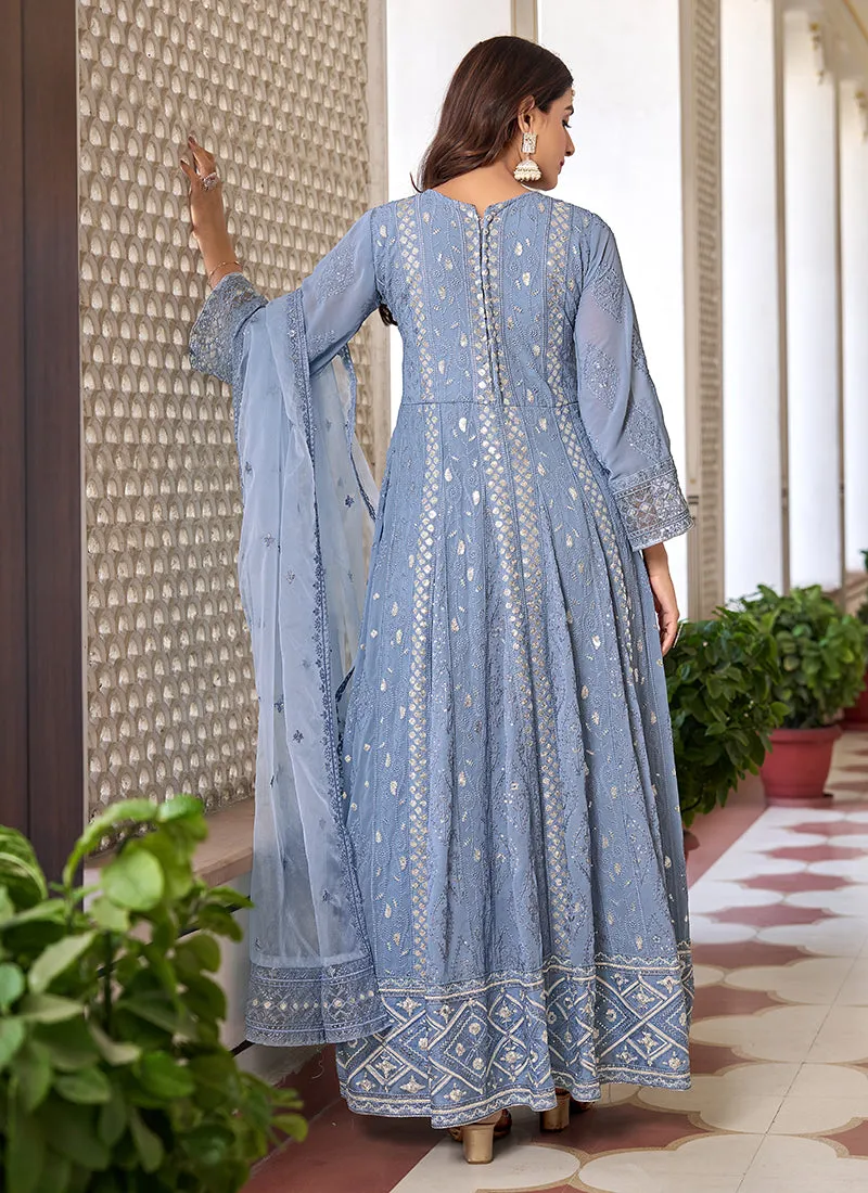 Ice Blue Sequence Embroidery Slit Style Anarkali Pant Suit