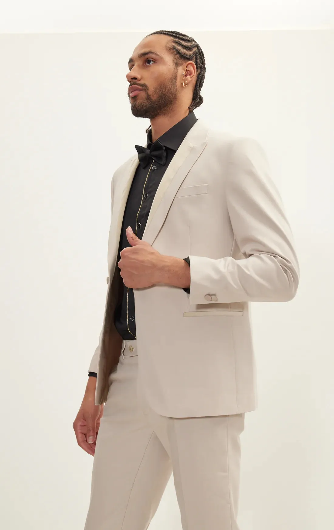 Italian Velvet Peak Lapel Tuxedo - Beige