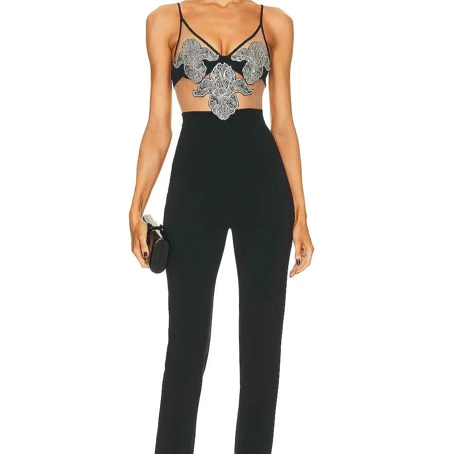 Jamie Sleeveless Spaghetti Strap Crystal Flower Embroidered Jumpsuit