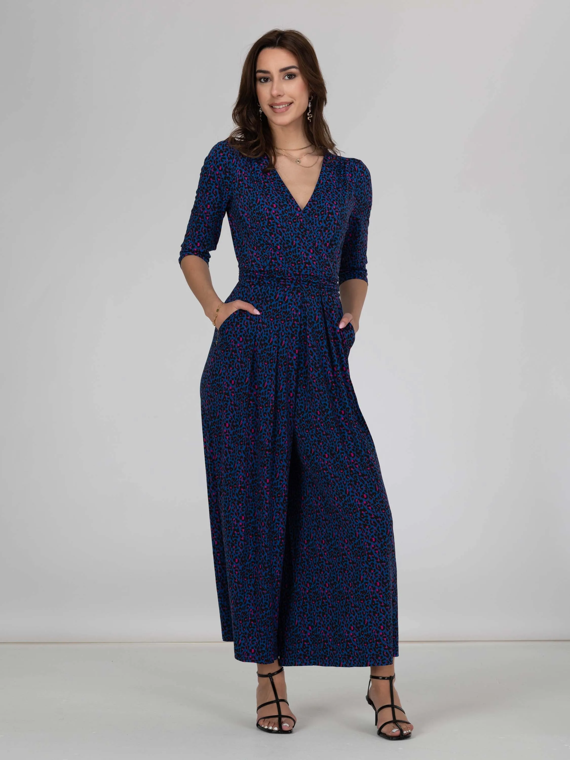 Jolie Moi Giselle Wrap Front Jumpsuit, Blue Animal