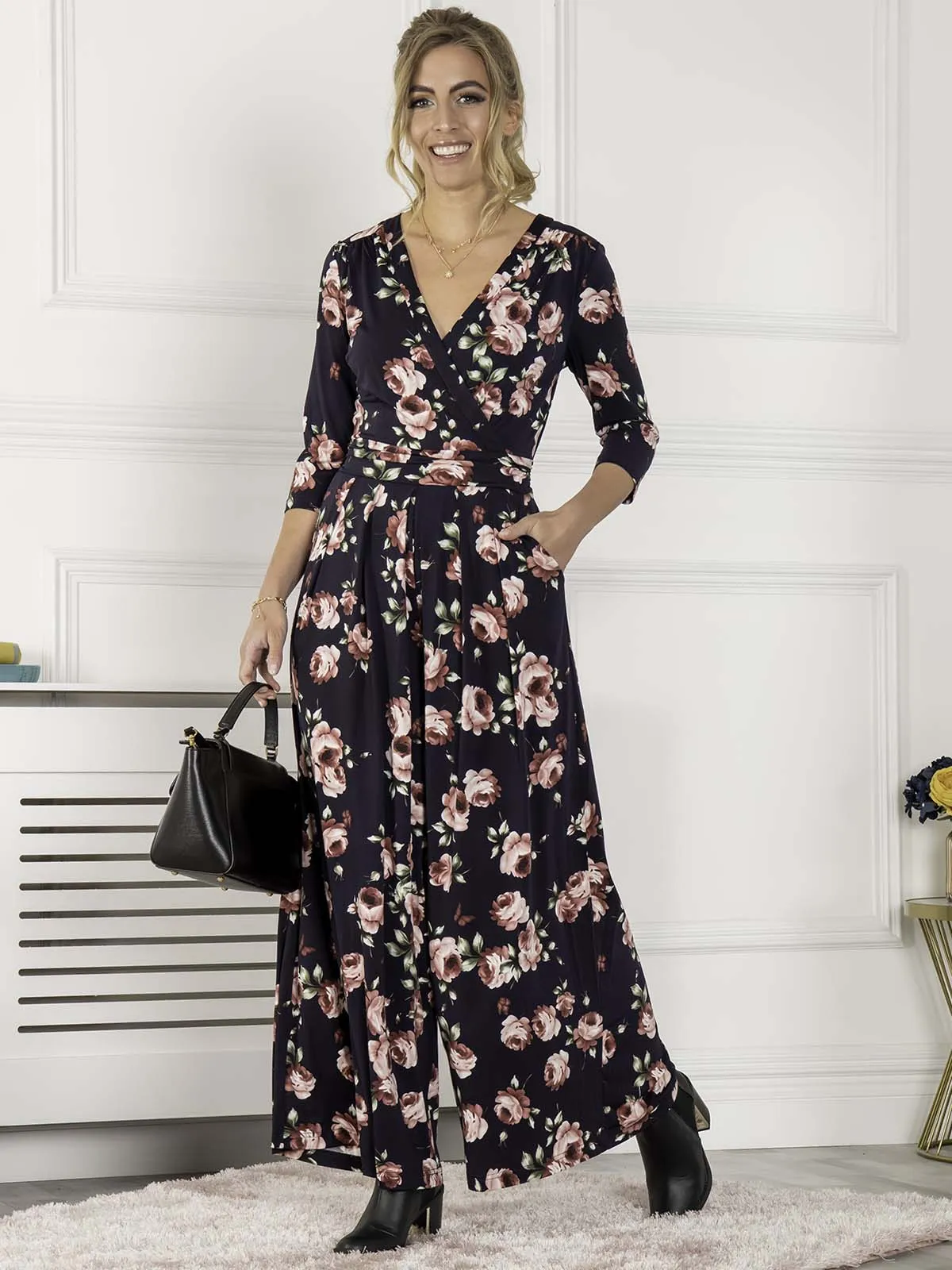 Jolie Moi Giselle Wrap Front Jumpsuit, Navy Floral