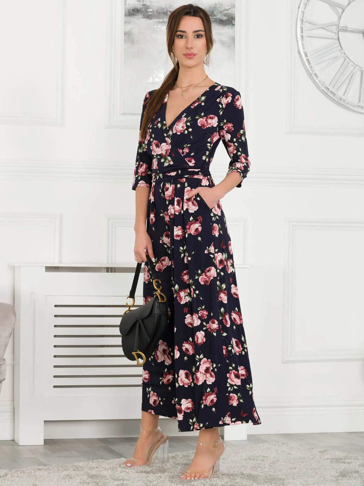 Jolie Moi Giselle Wrap Front Jumpsuit, Navy Floral