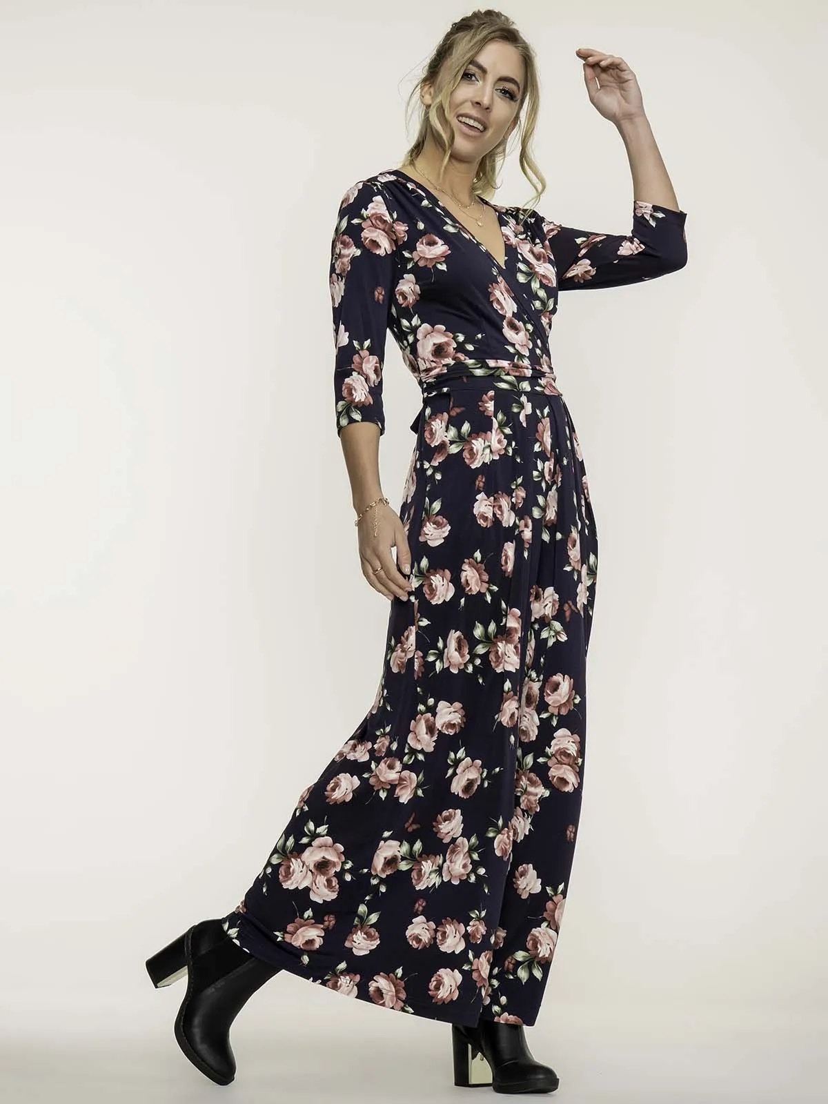 Jolie Moi Giselle Wrap Front Jumpsuit, Navy Floral