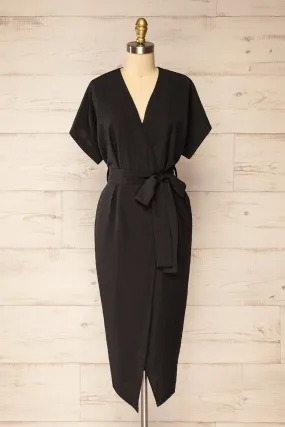 Junin Black | Short Sleeve Wrap Midi Dress