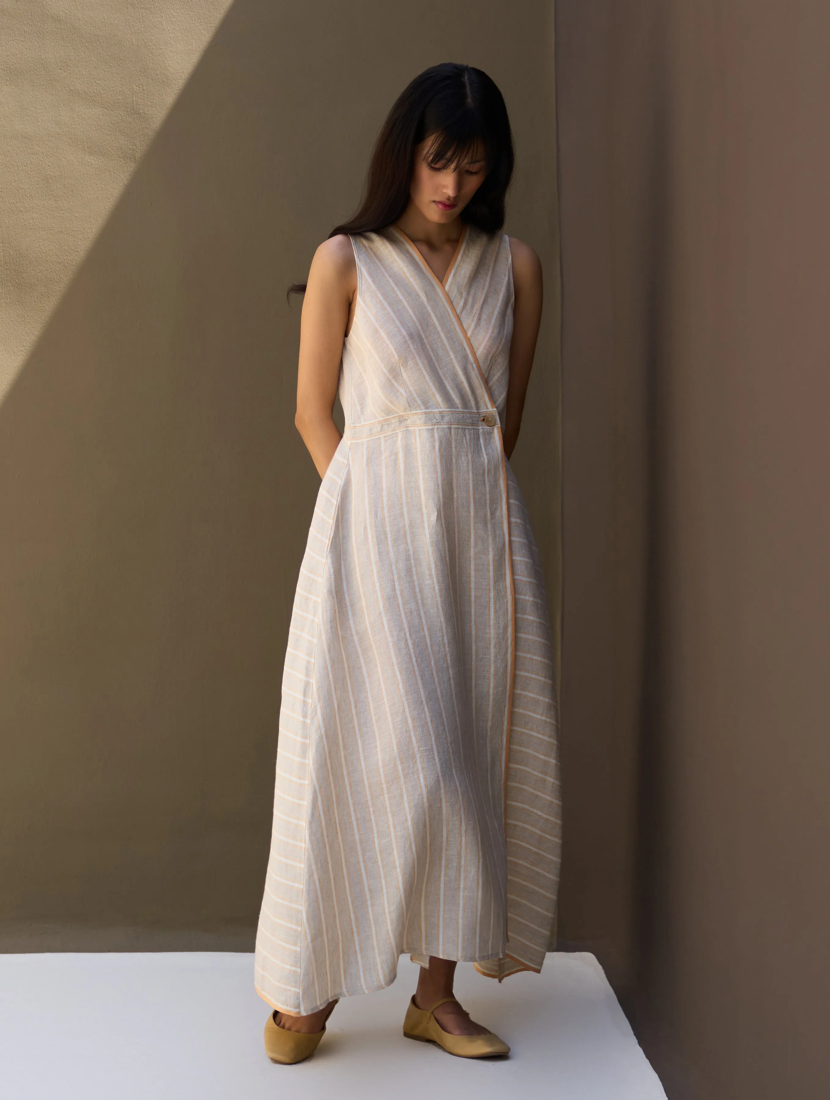 Kai Stripe Linen Wrap Dress - Natural