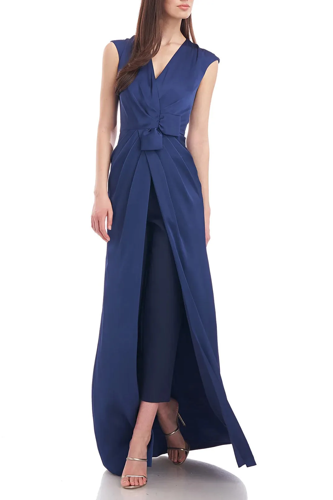 Kay Unger V-Neck Sleeveless Zipper Back Gathered Front Walk-Through Charmeuse Jumpsuit with Stretch Crepe Pant