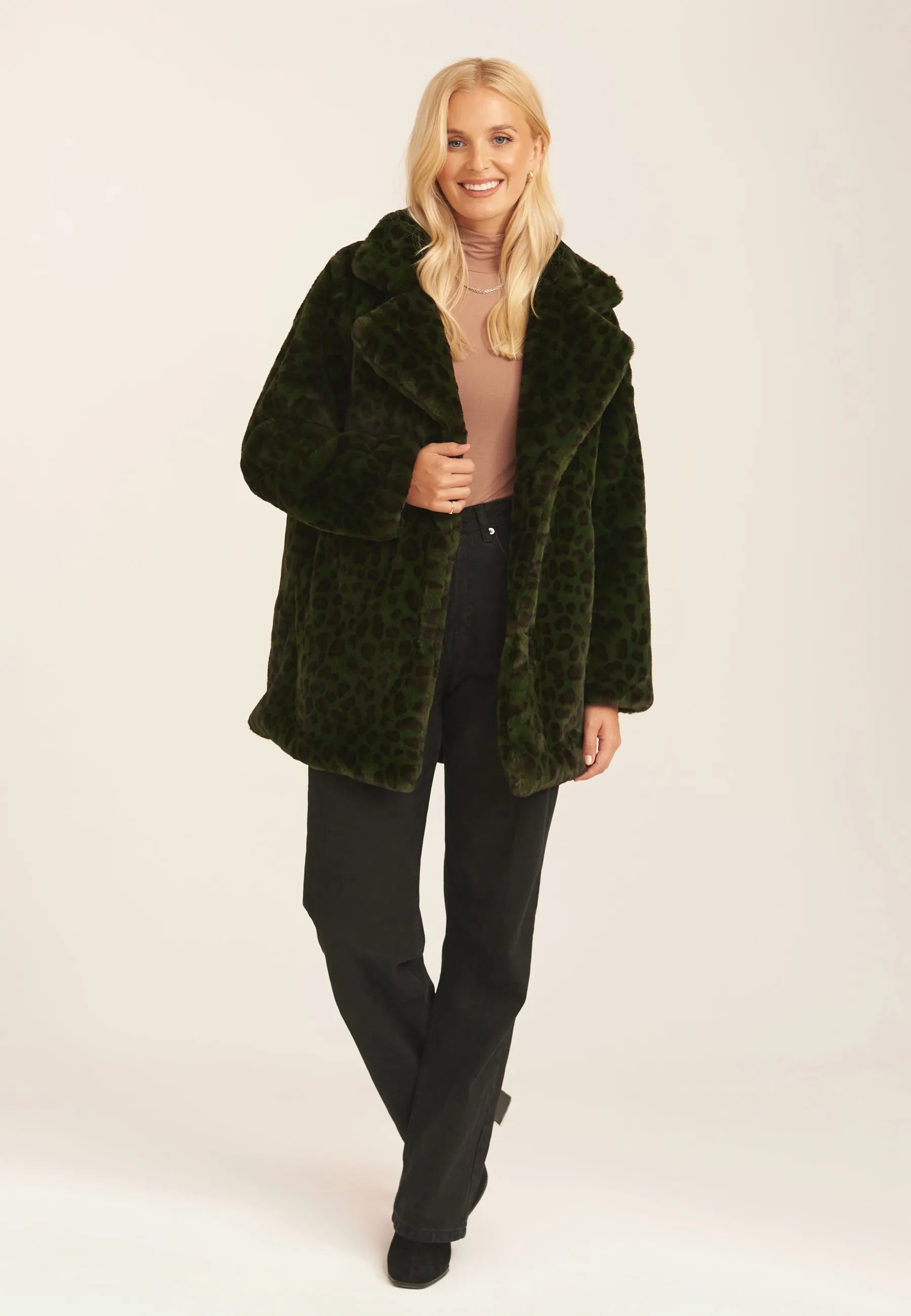 Khaki Leopard Print Faux Fur Coat Jacket