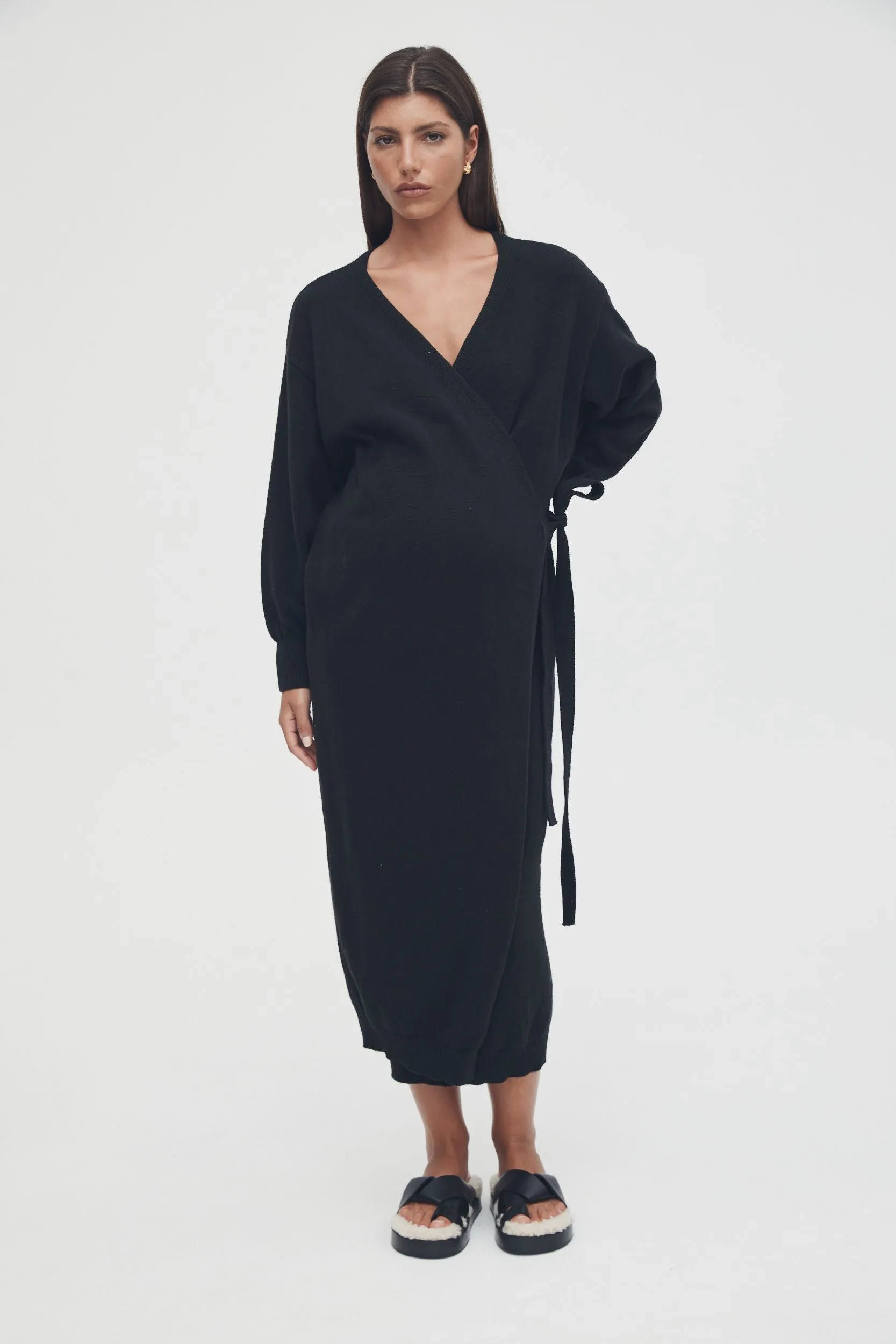 Knit Cotton Wrap Dress (Black)