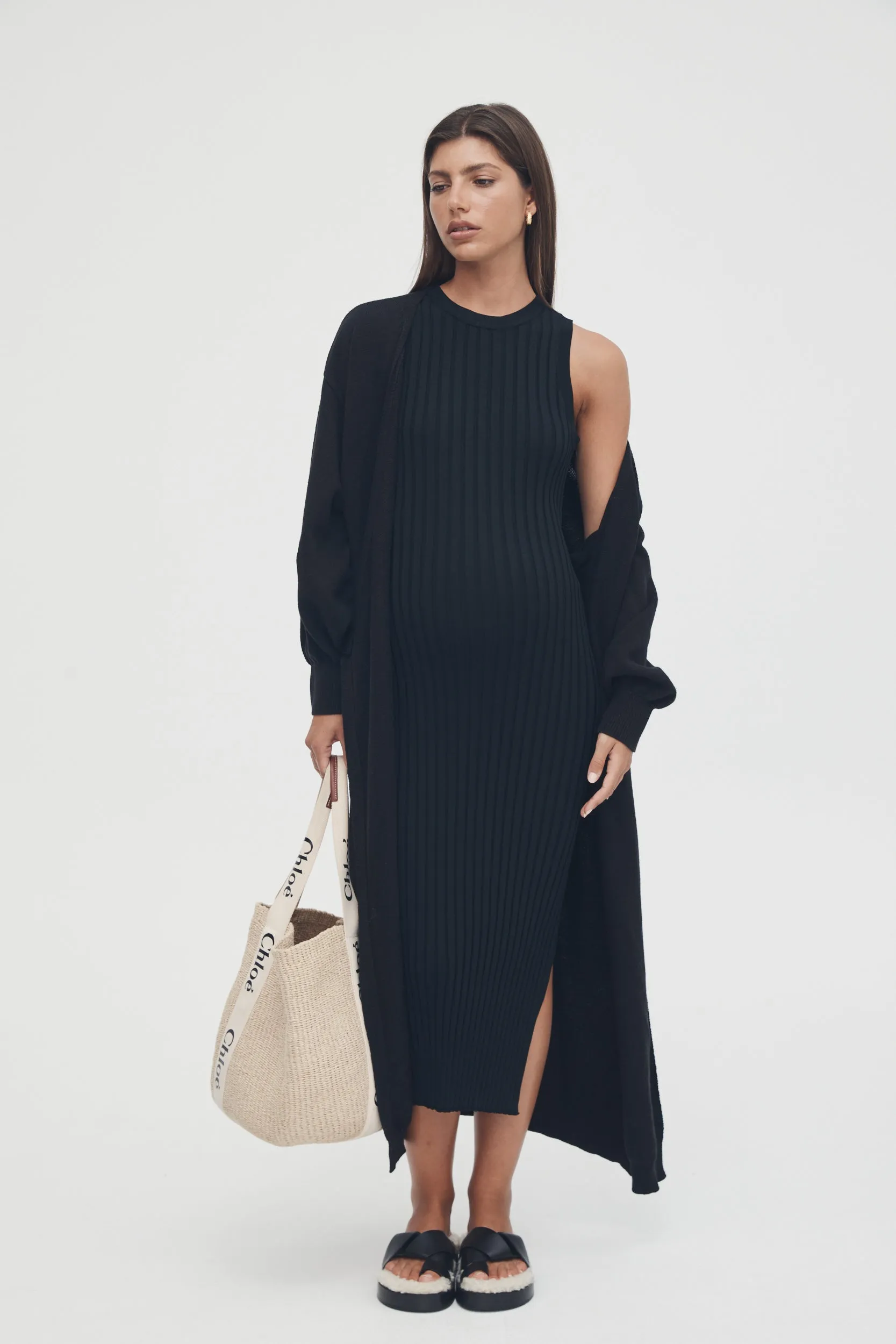 Knit Cotton Wrap Dress (Black)