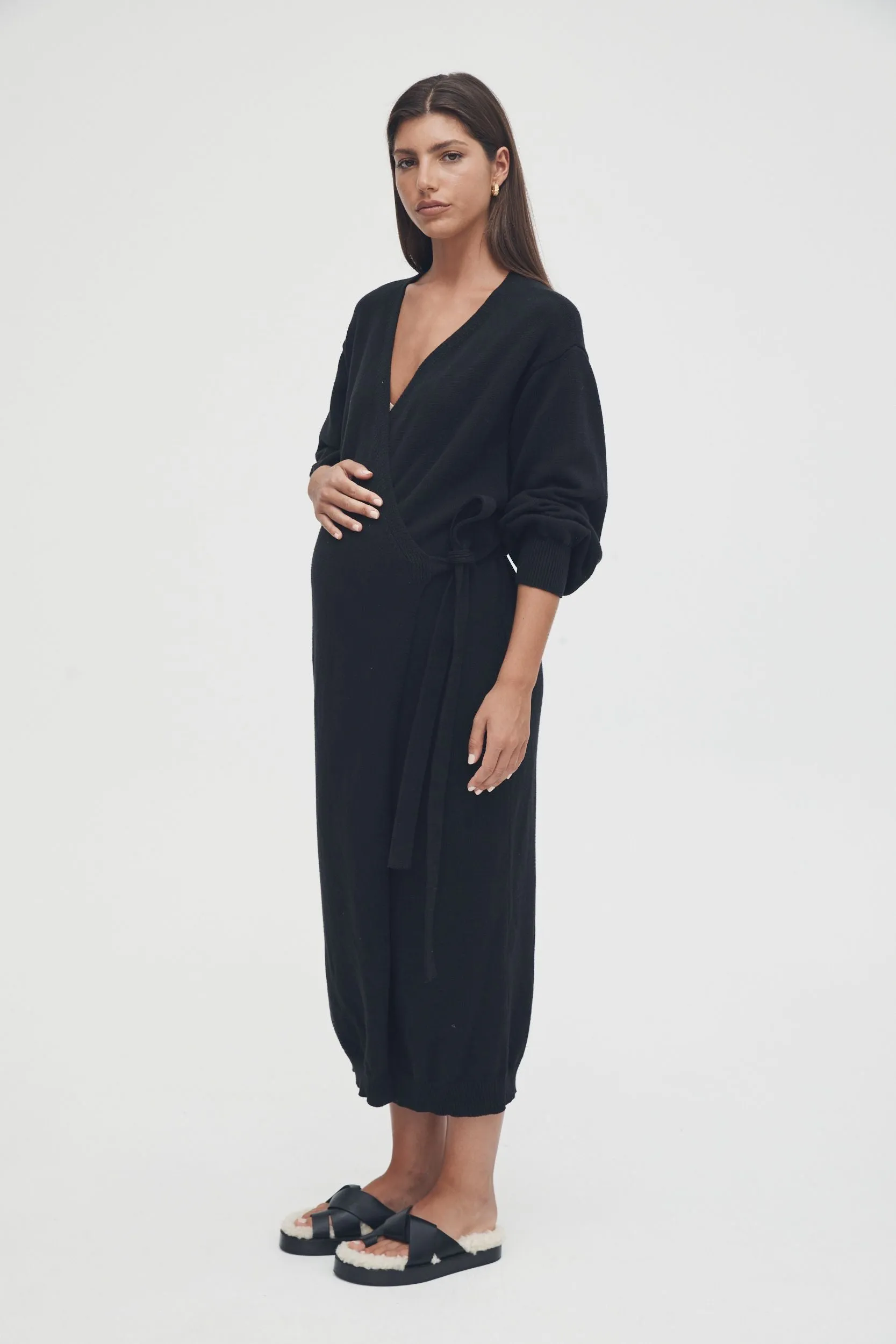 Knit Cotton Wrap Dress (Black)