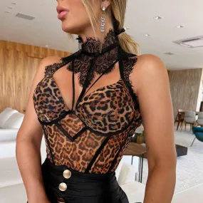 Lace Leopard Print Nightclub One-piece Suit