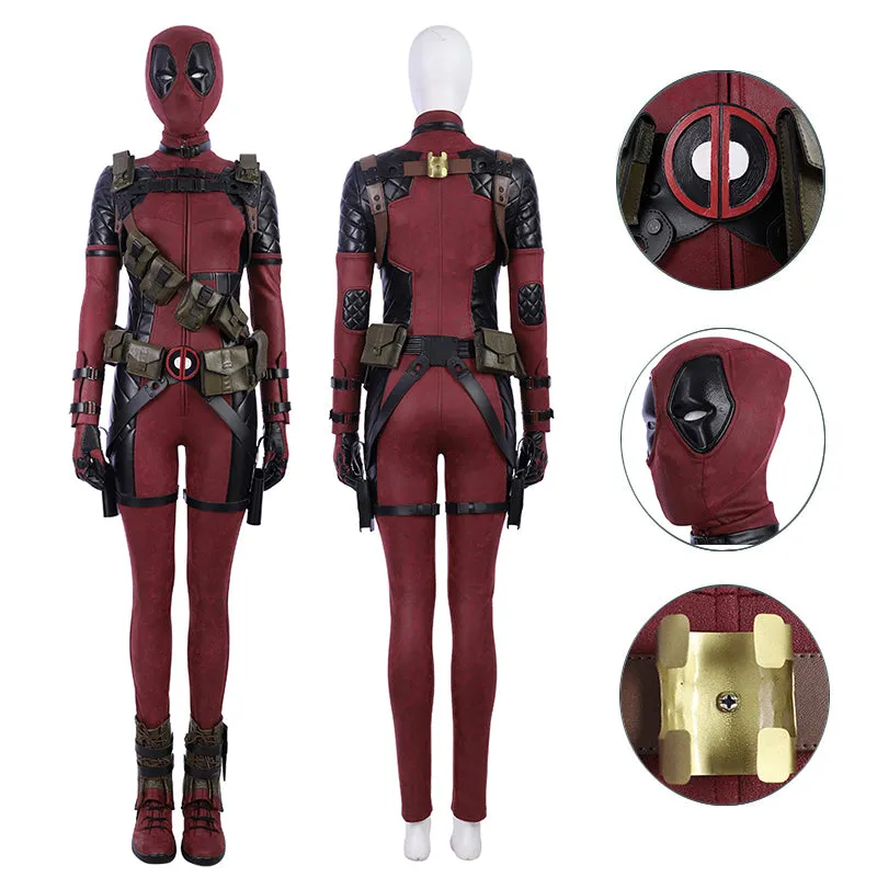 Lady Deadpool Cosplay Costume Red Leather Bodysuit Halloween Party Suit