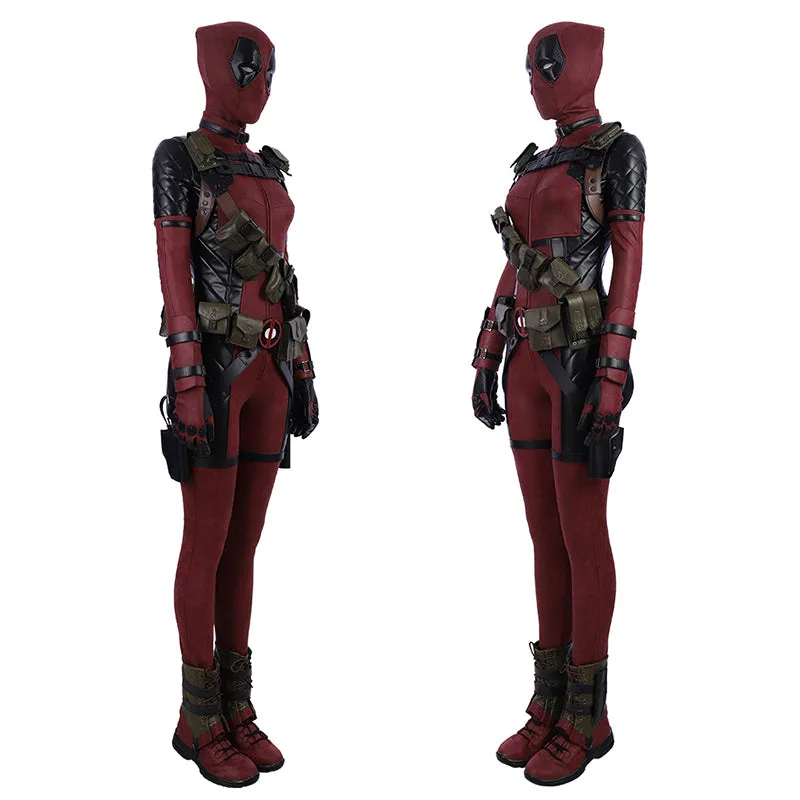 Lady Deadpool Cosplay Costume Red Leather Bodysuit Halloween Party Suit