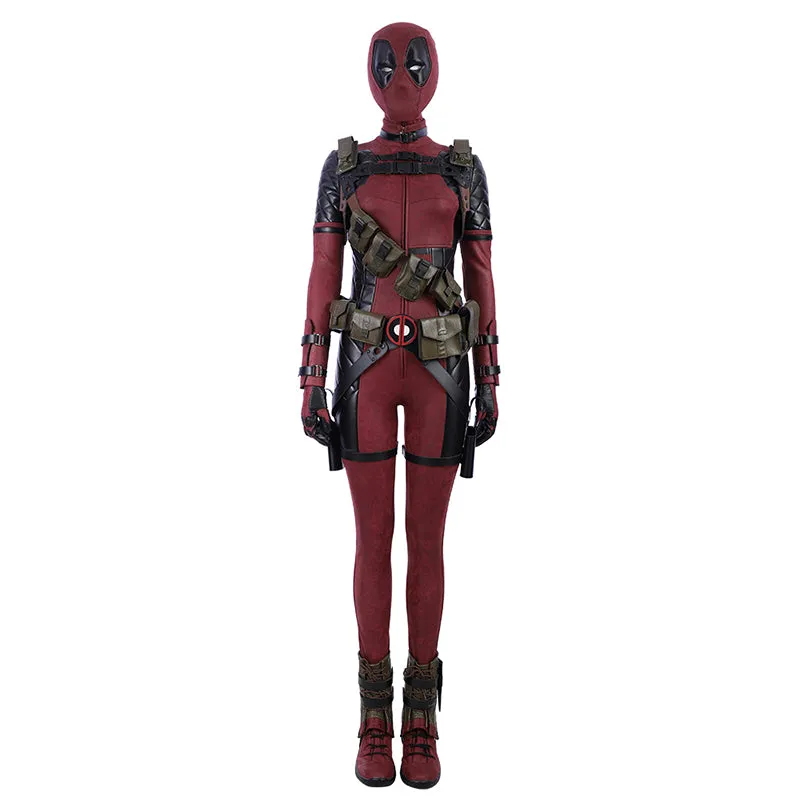 Lady Deadpool Cosplay Costume Red Leather Bodysuit Halloween Party Suit