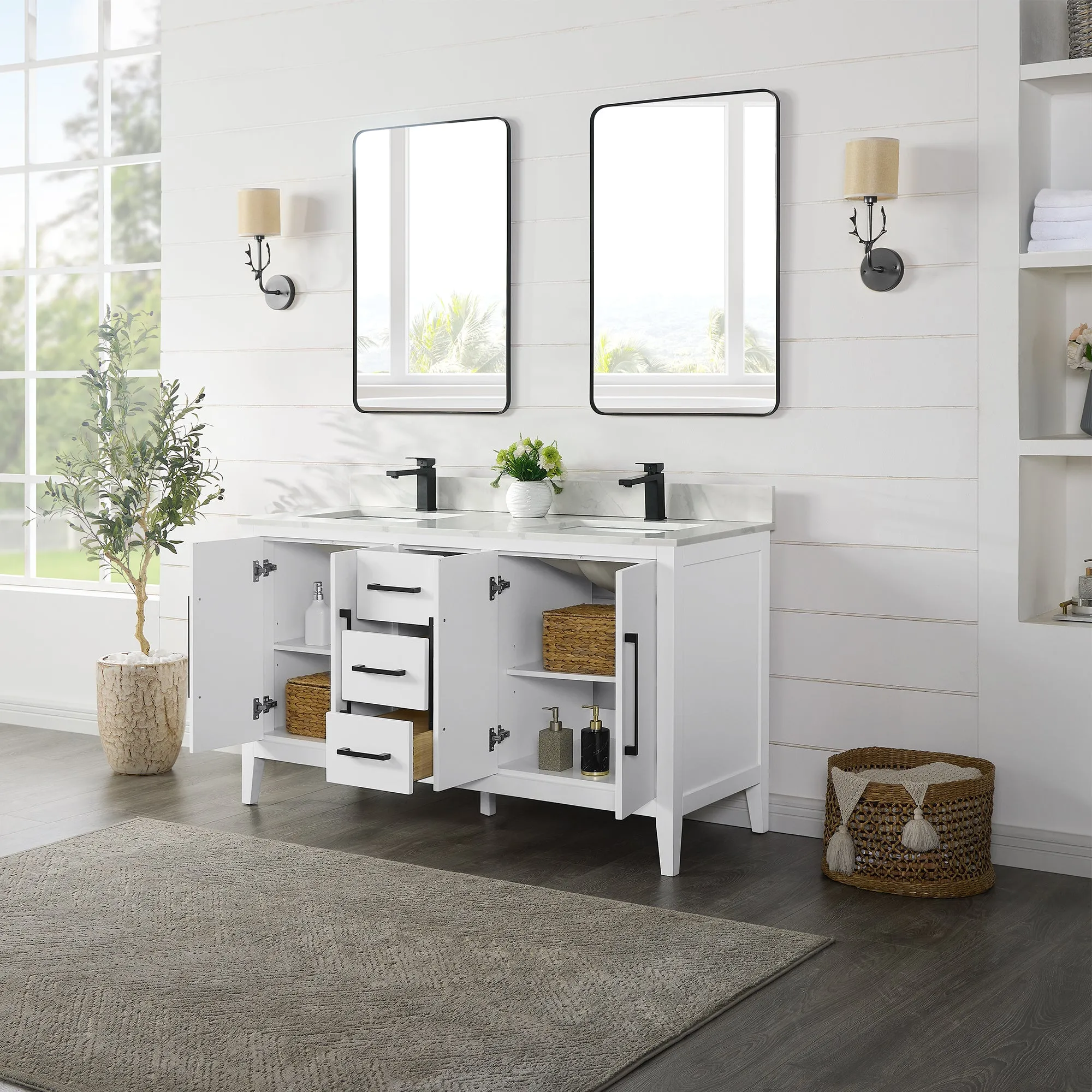 Laurel 60" Double Bathroom Vanity with Calacatta White Quartz Countertop