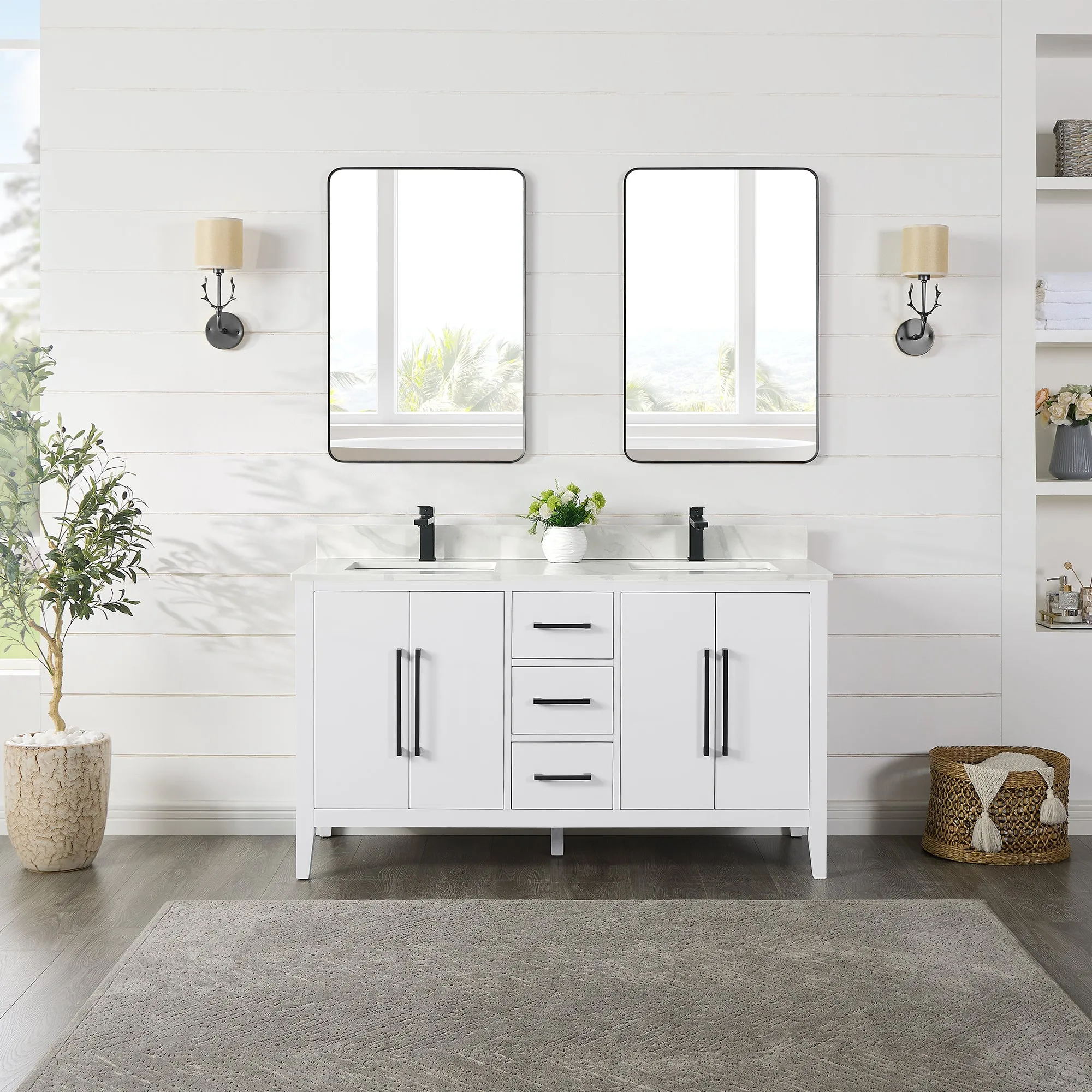 Laurel 60" Double Bathroom Vanity with Calacatta White Quartz Countertop