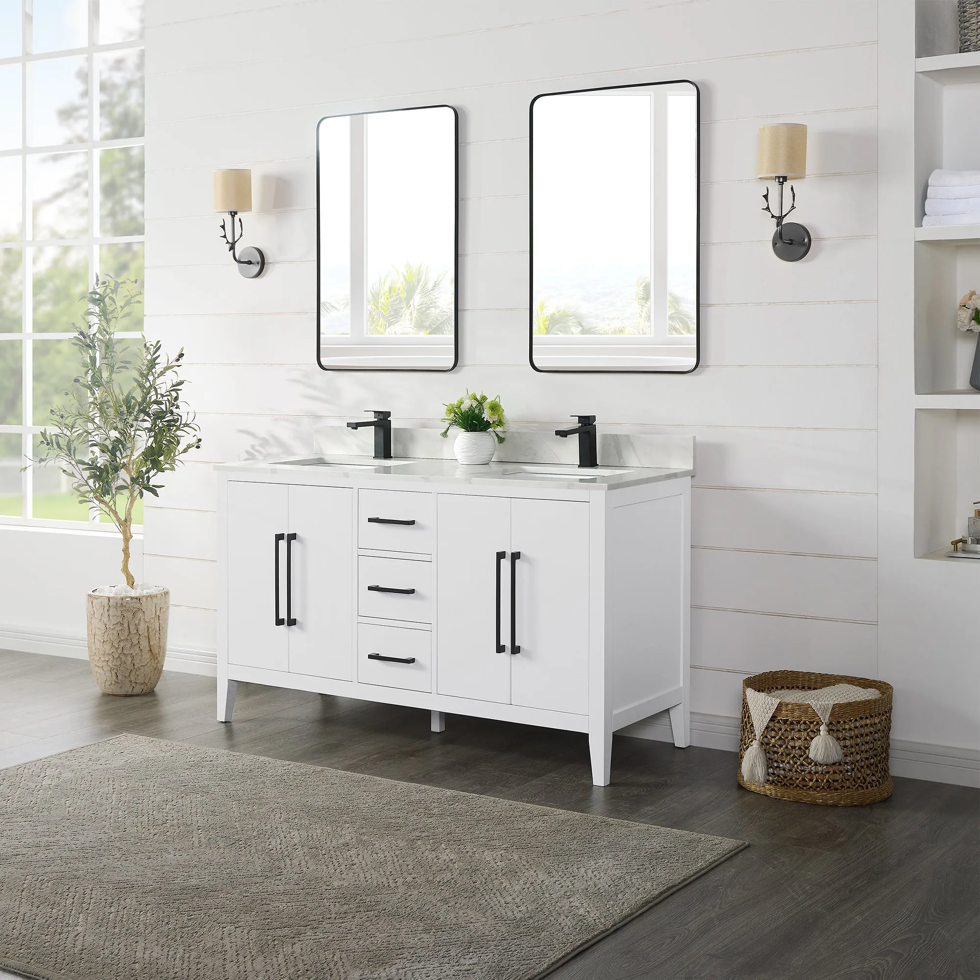 Laurel 60" Double Bathroom Vanity with Calacatta White Quartz Countertop