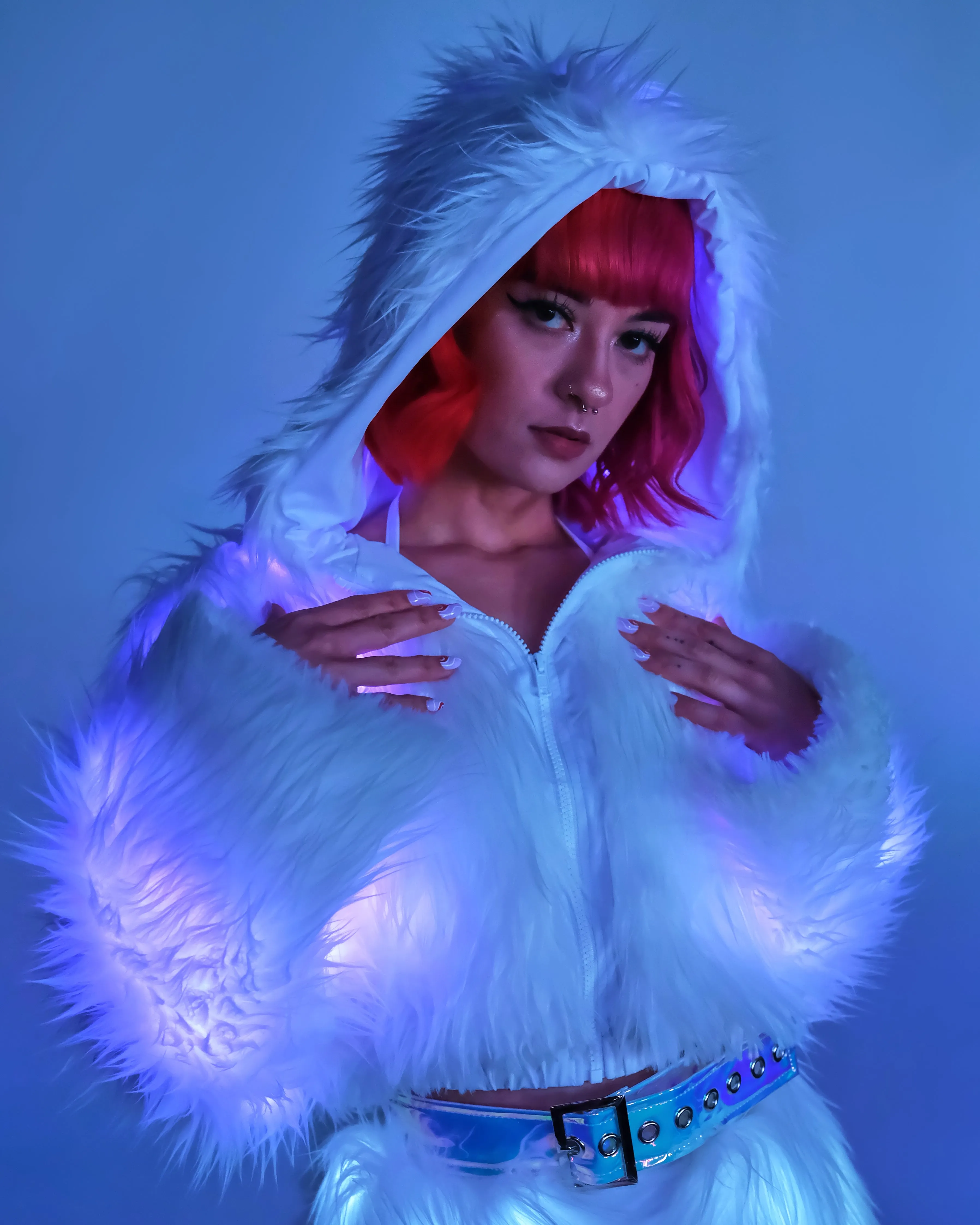 Lavender LED White Furry Cropped Hooded Jacket