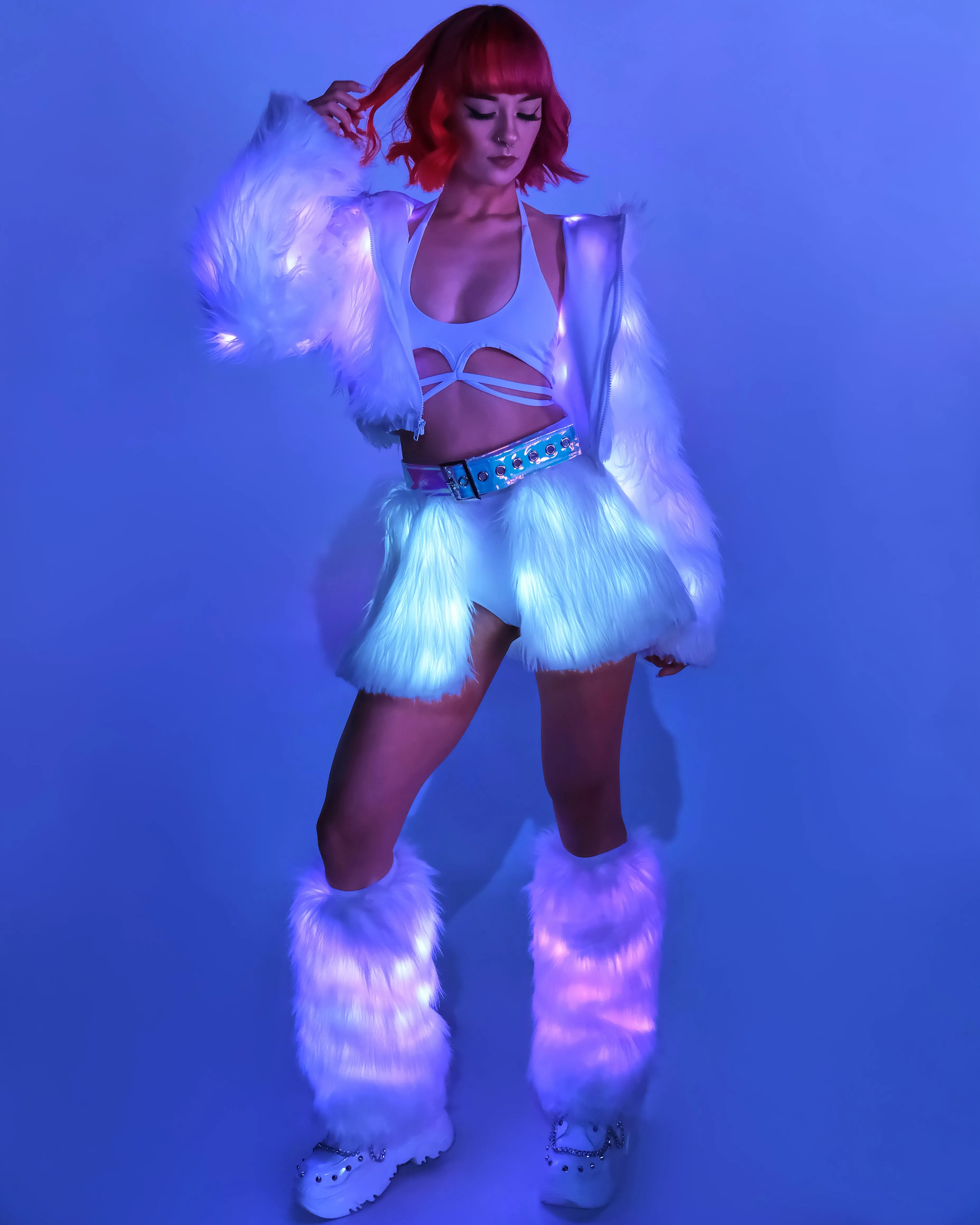 Lavender LED White Furry Cropped Hooded Jacket