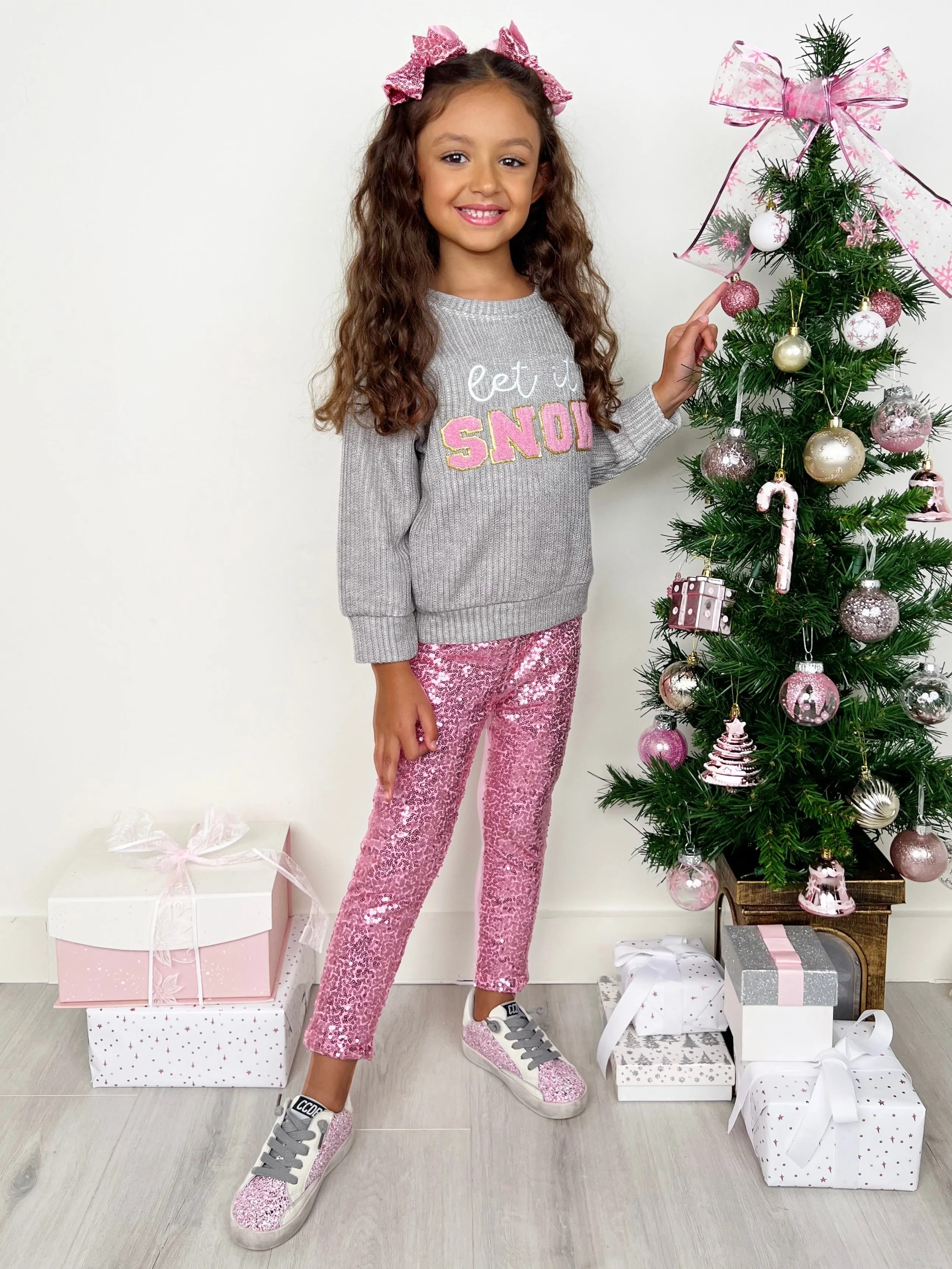 Let It Snow Sweater and Pink Dazzling Sequin Legging Set