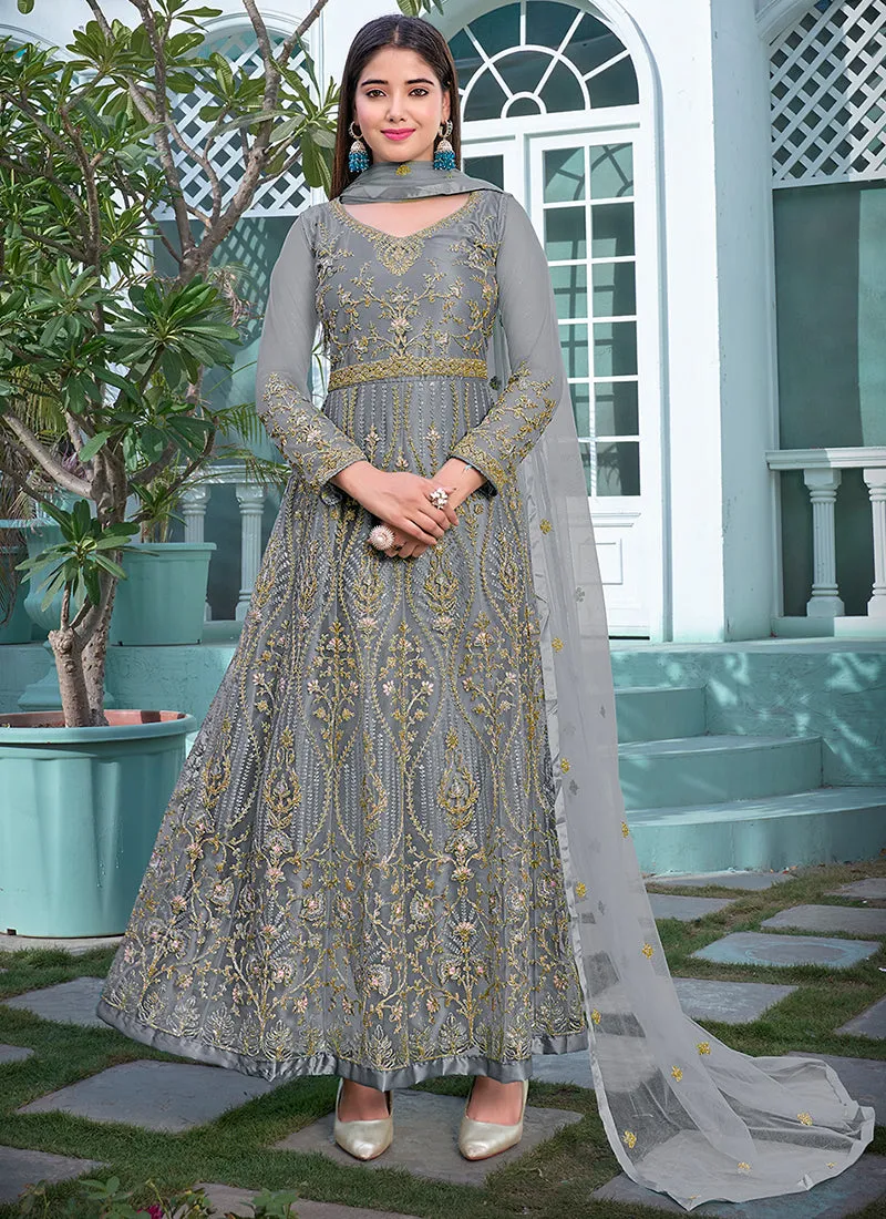 Light Grey Multi Embroidery Designer Anarkali Suit