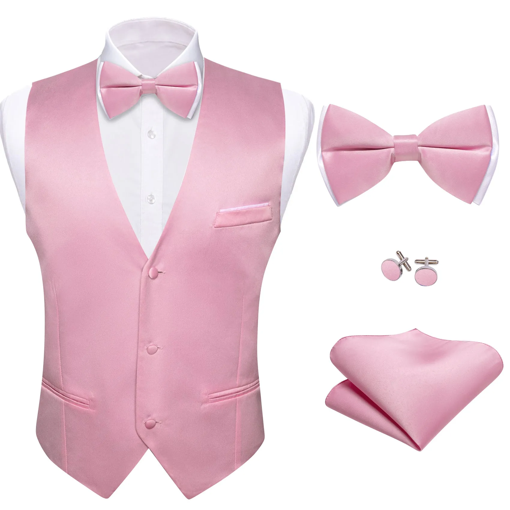 Light Pink Solid Silk Men's Vest Bow Tie Set Waistcoat Suit Set