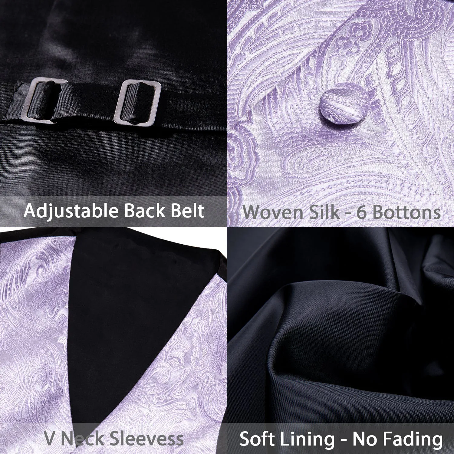 Light Purple Paisley Jacquard Silk Men's Vest Hanky Cufflinks Tie Set