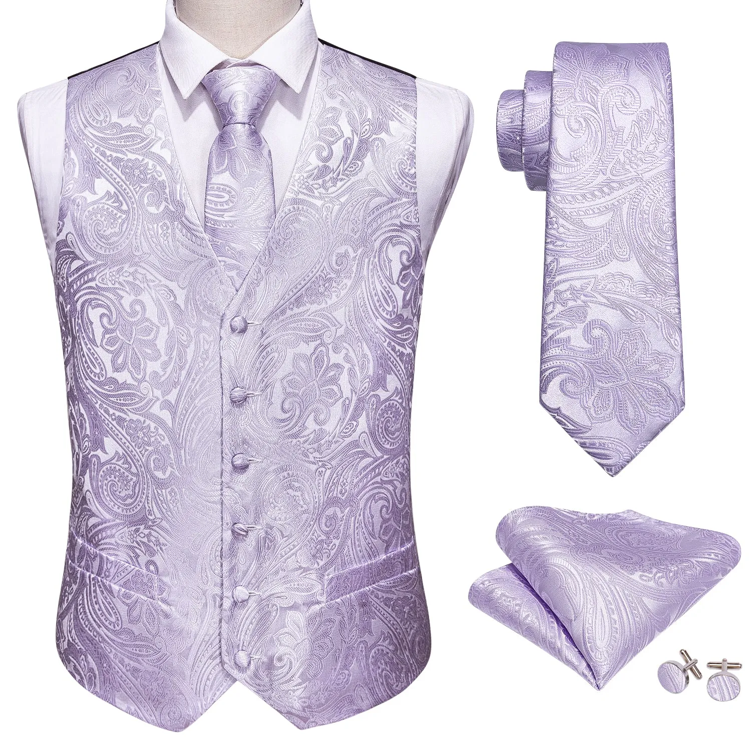 Light Purple Paisley Jacquard Silk Men's Vest Hanky Cufflinks Tie Set