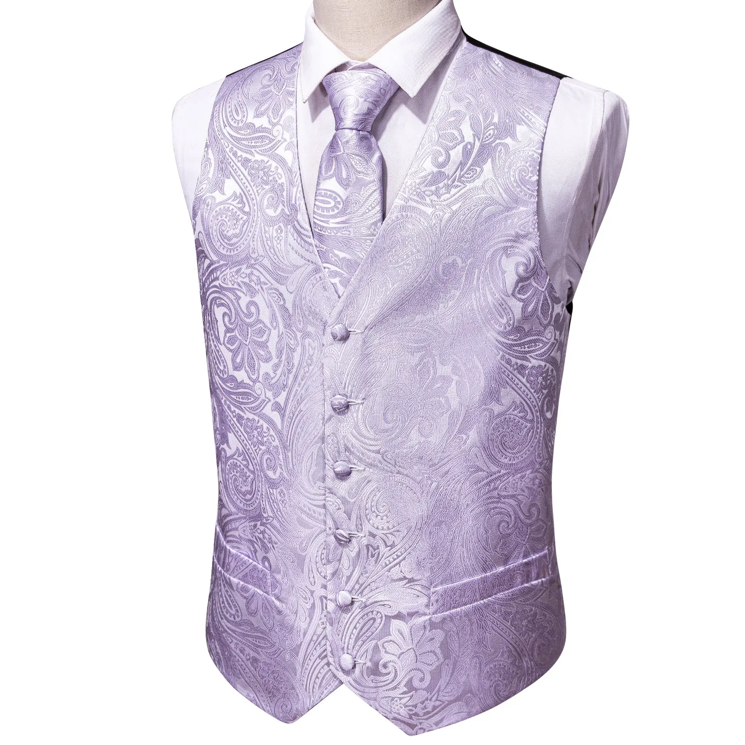 Light Purple Paisley Jacquard Silk Men's Vest Hanky Cufflinks Tie Set