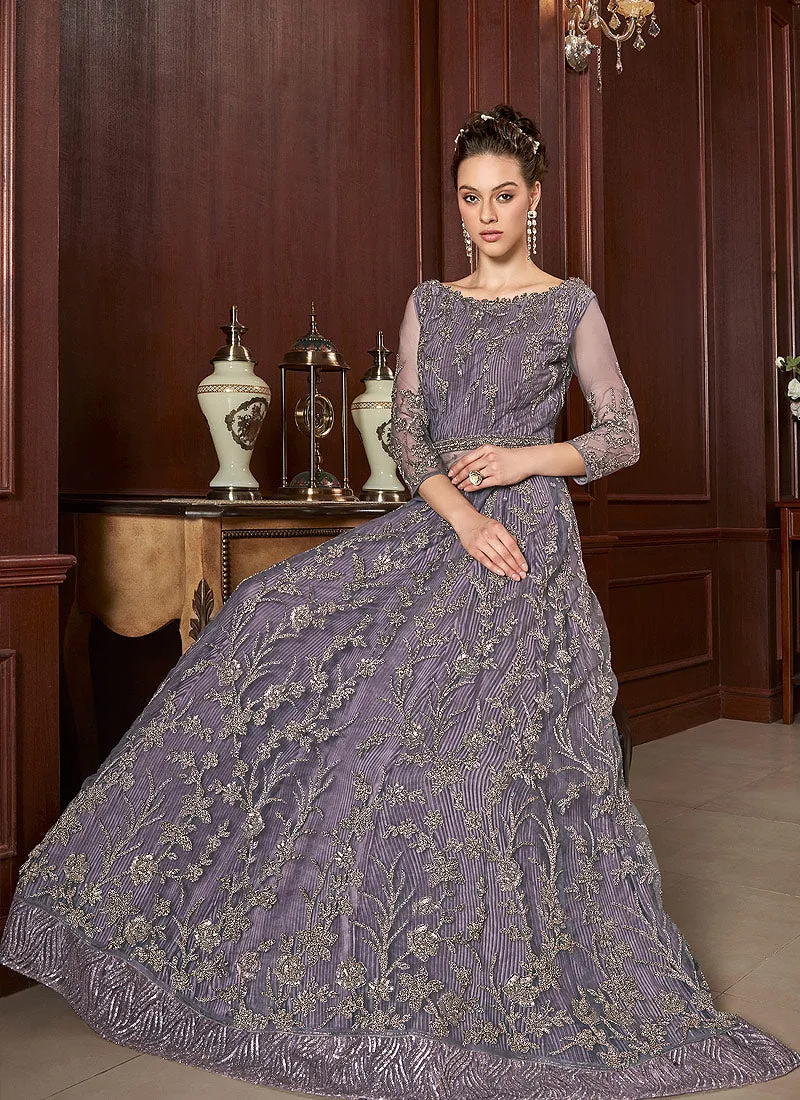 Lilac Purple Embroidered Anarkali Lehenga Suit