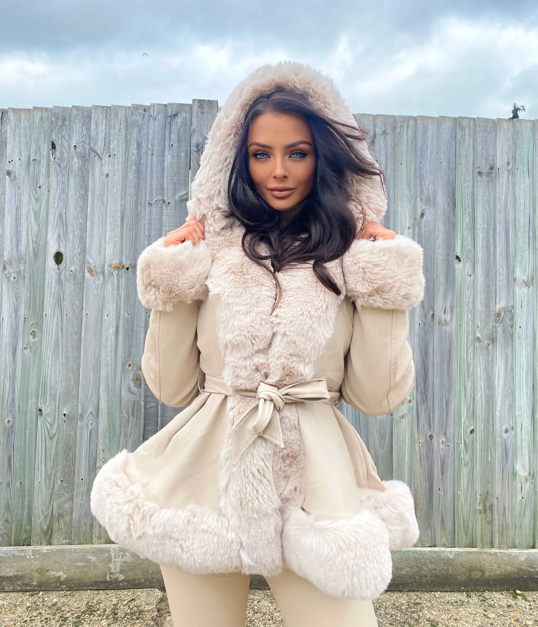 Lillie Belted Fur Hooded Coat - Cream