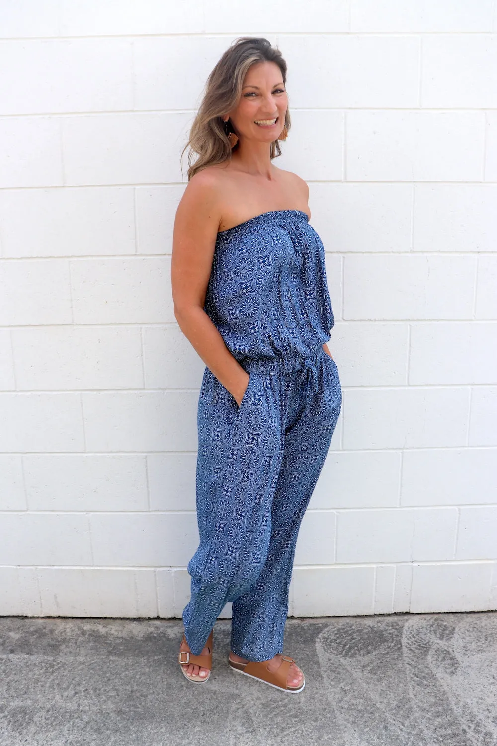 Living It Up Long Jumpsuit In Nautic Blue