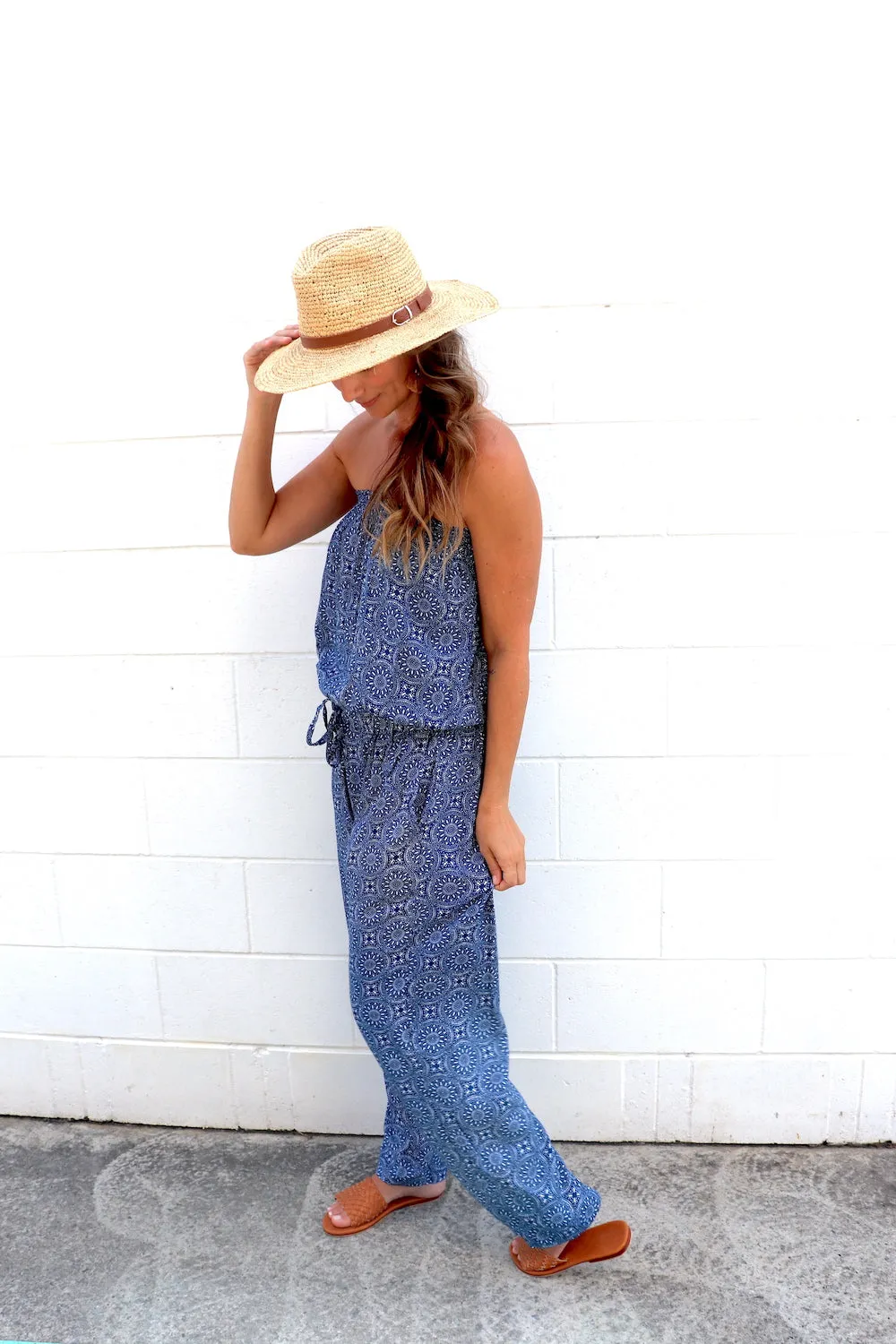 Living It Up Long Jumpsuit In Nautic Blue