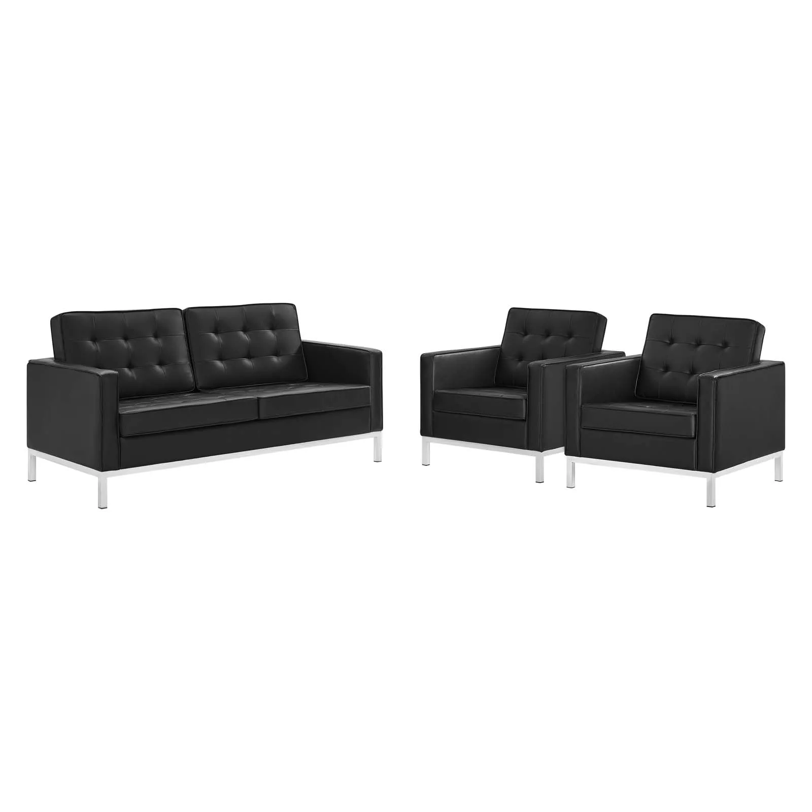 Loft 3 Piece Tufted Upholstered Faux Leather Set Silver Black EEI-4103-SLV-BLK-SET