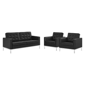 Loft 3 Piece Tufted Upholstered Faux Leather Set Silver Black EEI-4103-SLV-BLK-SET