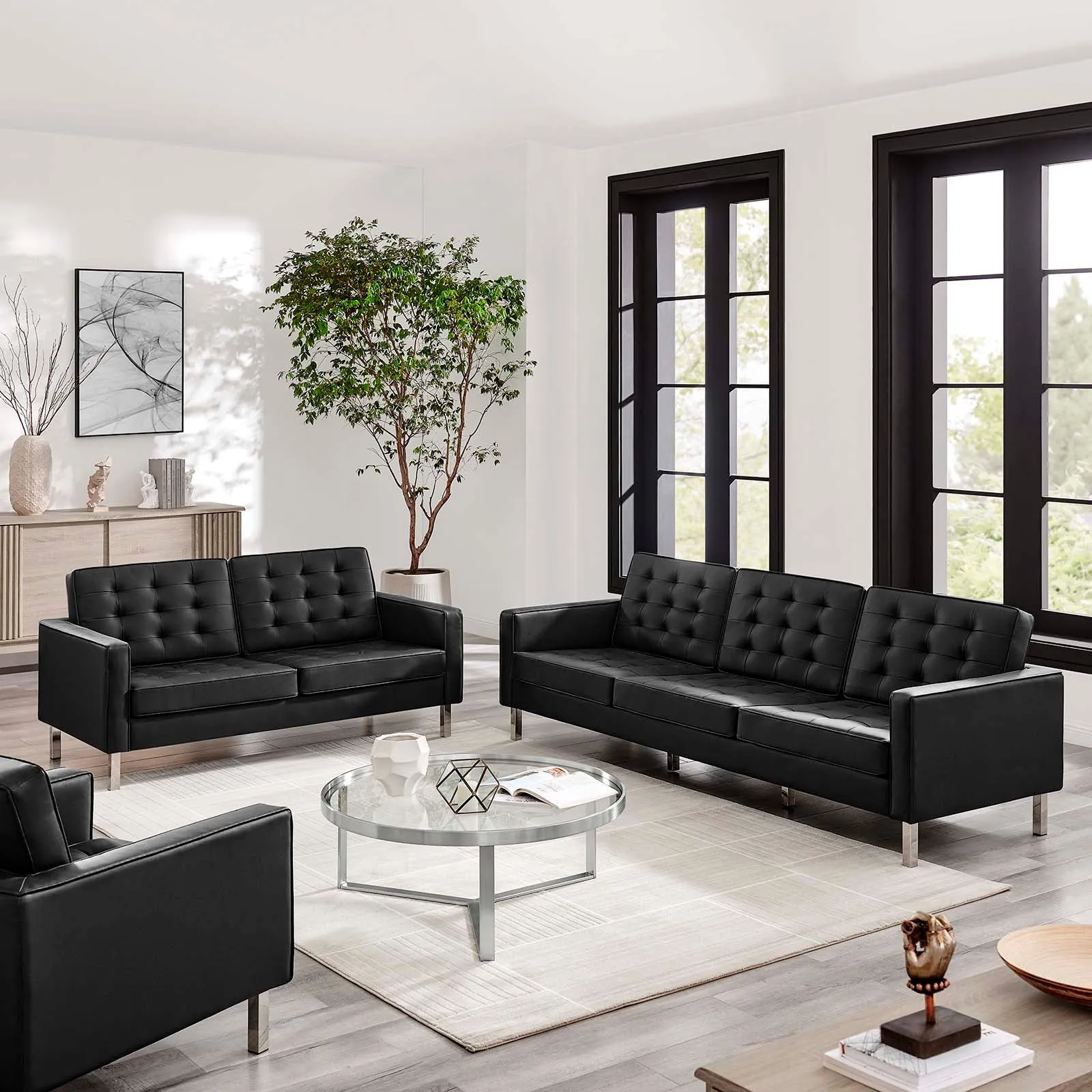 Loft Tufted Vegan Leather 2-Piece Furniture Set Silver Black EEI-4106-SLV-BLK-SET